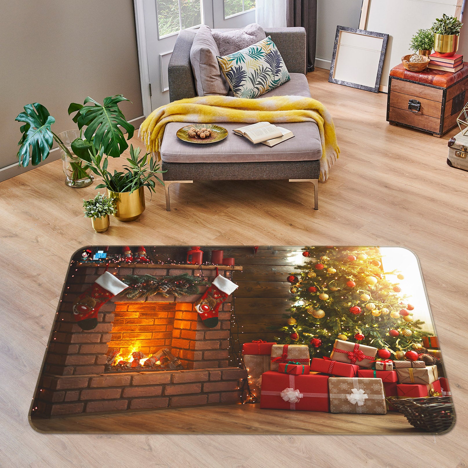 3D Fireplace Gift 55089 Christmas Non Slip Rug Mat Xmas
