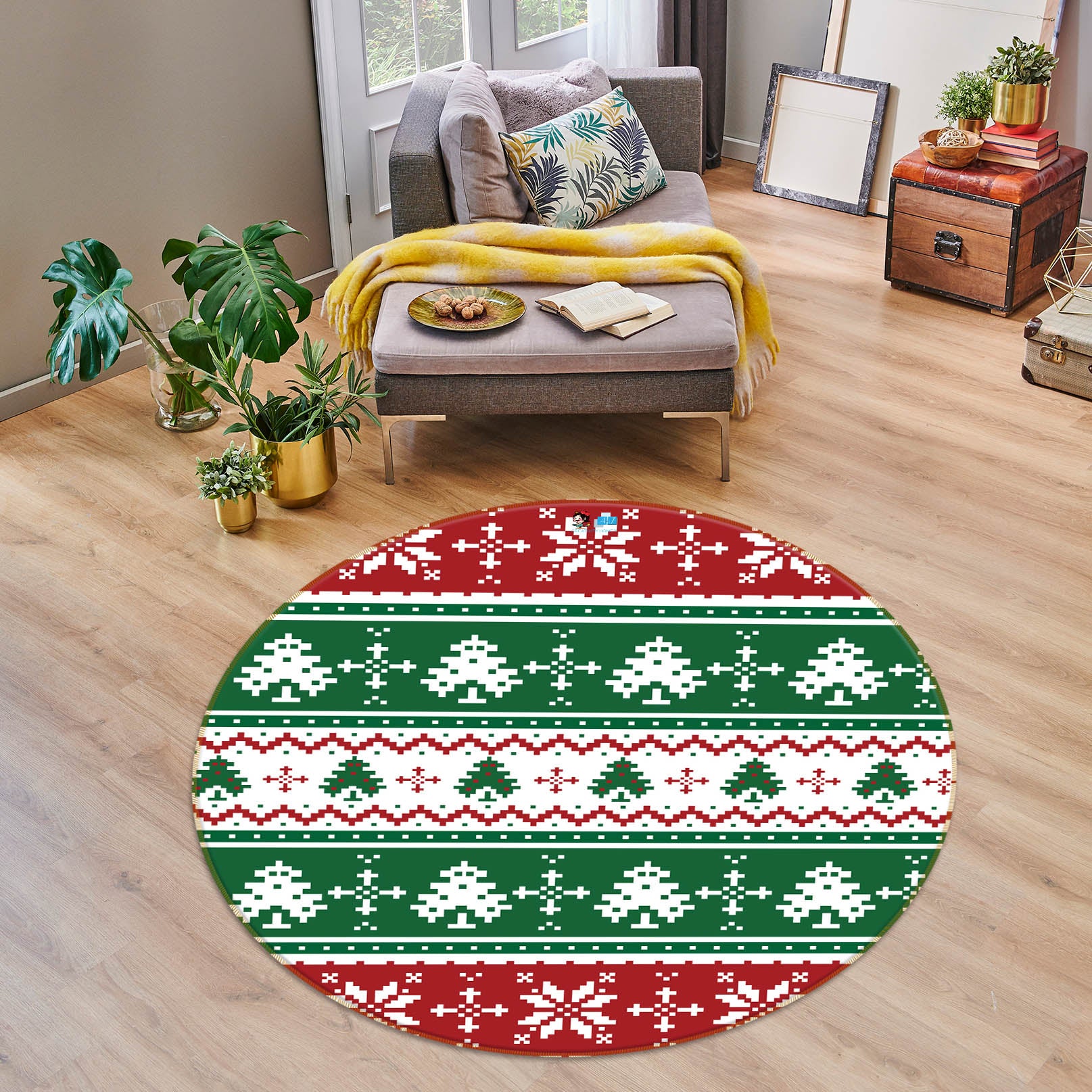 3D Tree Snowflake Pattern 54206 Christmas Round Non Slip Rug Mat Xmas