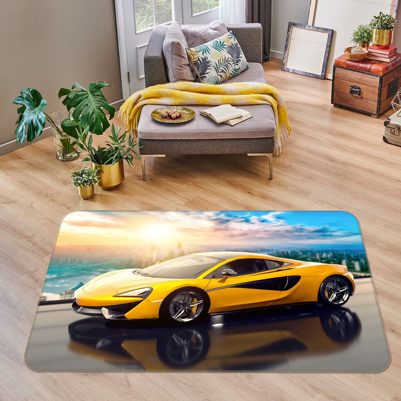 3D Yellow Sports Car 42094 Vehicle Non Slip Rug Mat