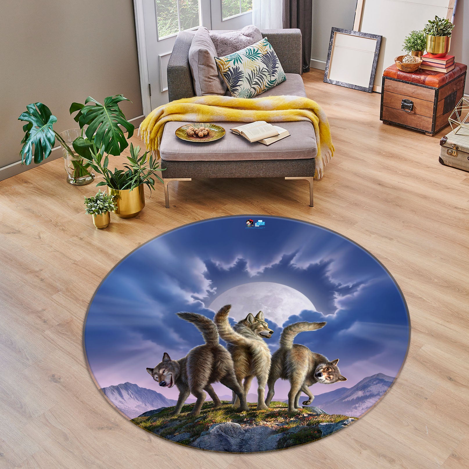 3D Wolf Moon 85120 Jerry LoFaro Rug Round Non Slip Rug Mat