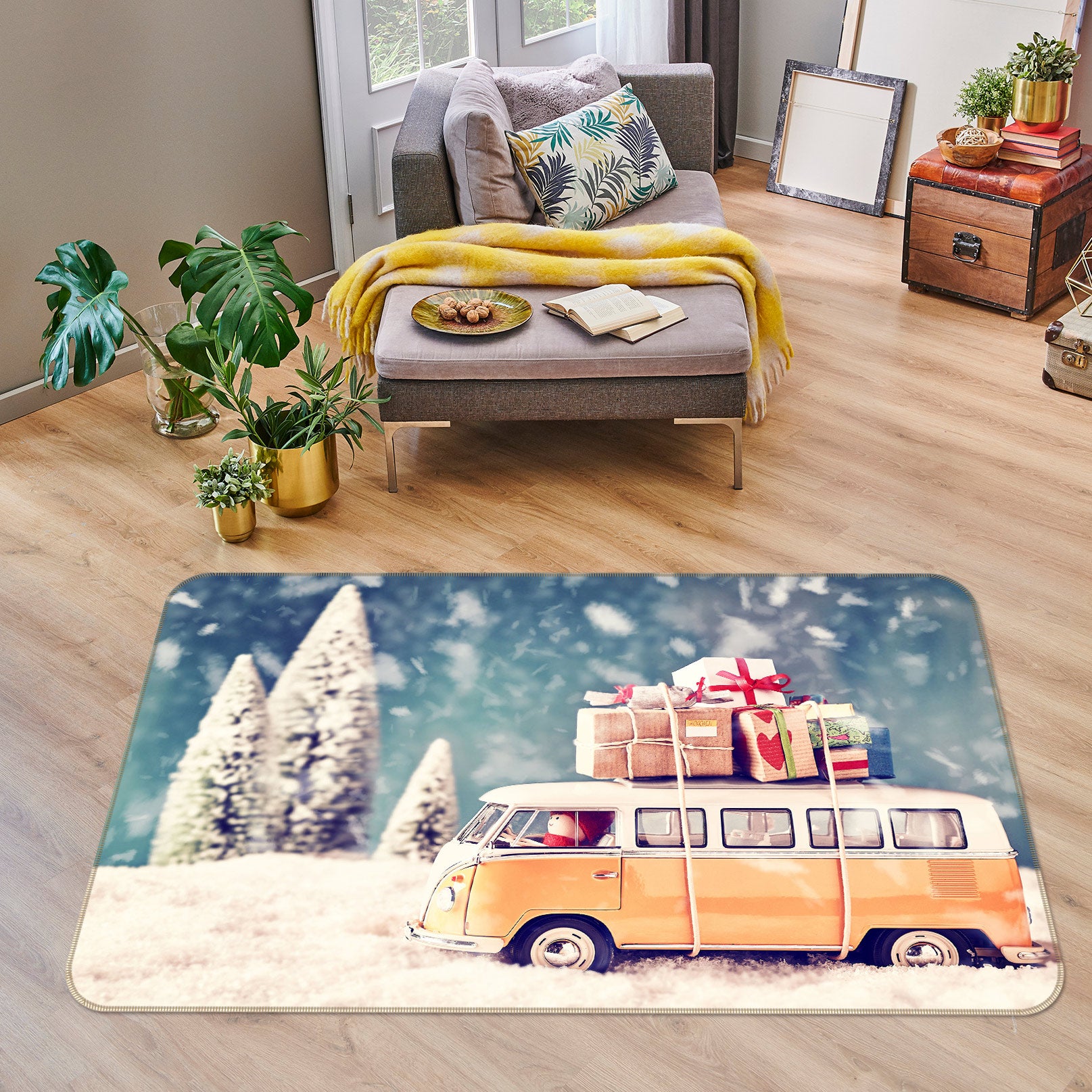 3D Snow Yellow Bus 67219 Vehicle Non Slip Rug Mat