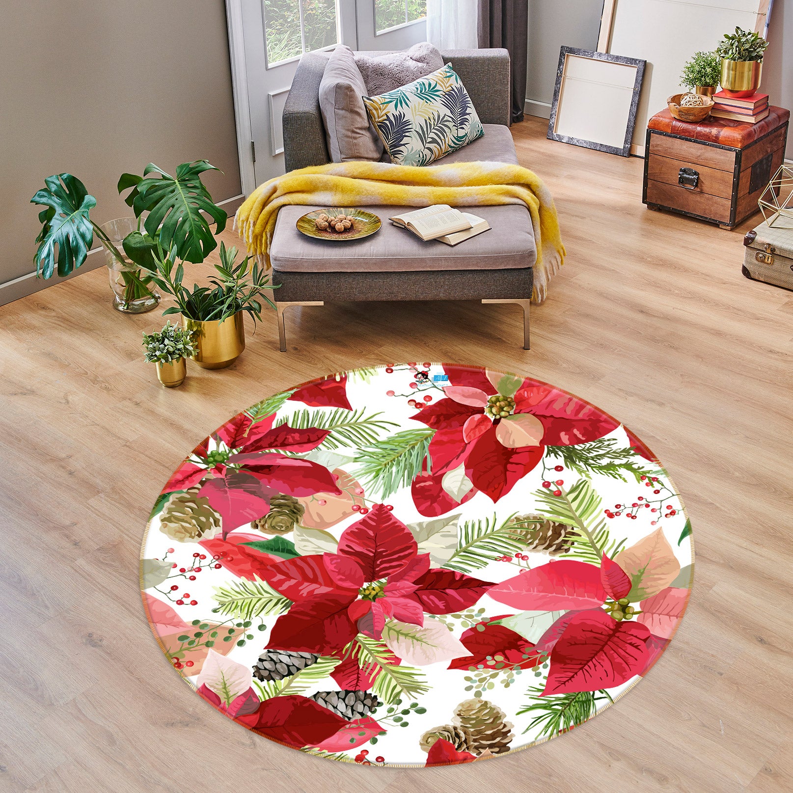 3D Red Leaves Flowers 54043 Christmas Round Non Slip Rug Mat Xmas