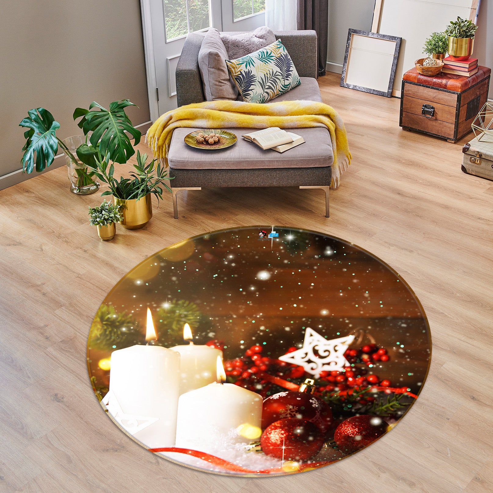 3D White Candle 54166 Christmas Round Non Slip Rug Mat Xmas
