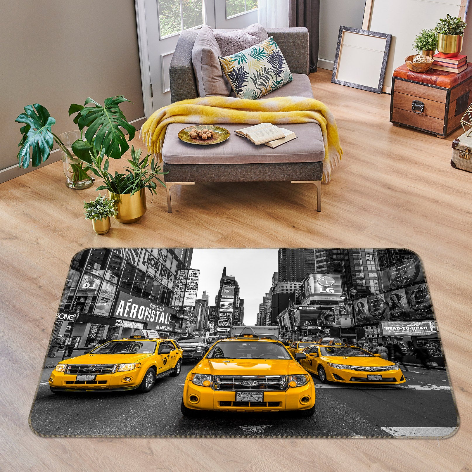 3D Yellow Taxi 83229 Assaf Frank Rug Non Slip Rug Mat