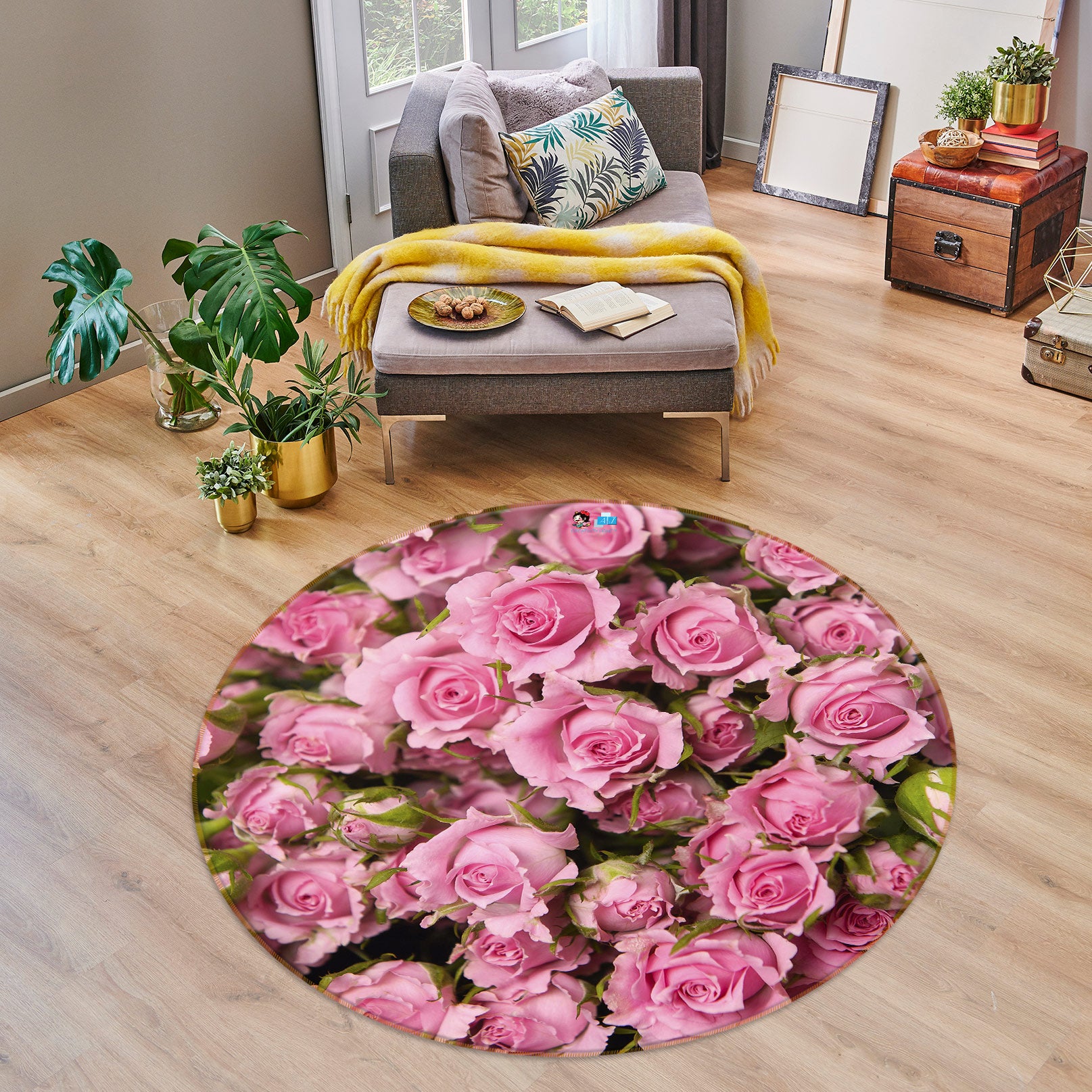3D Pink Rose 72214 Round Non Slip Rug Mat