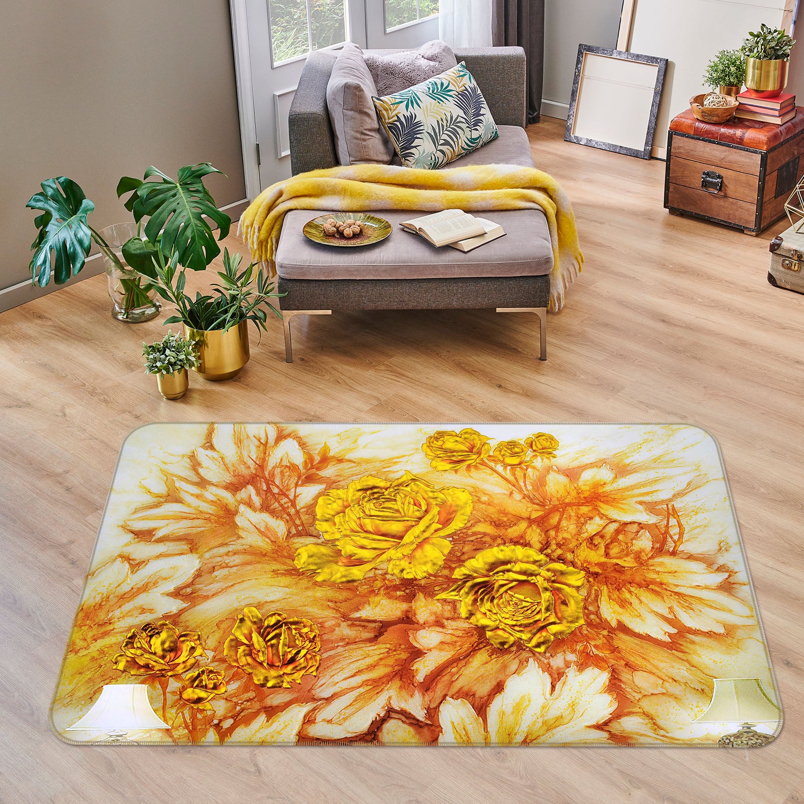 3D Golden Yellow Flowers 32086 Non Slip Rug Mat