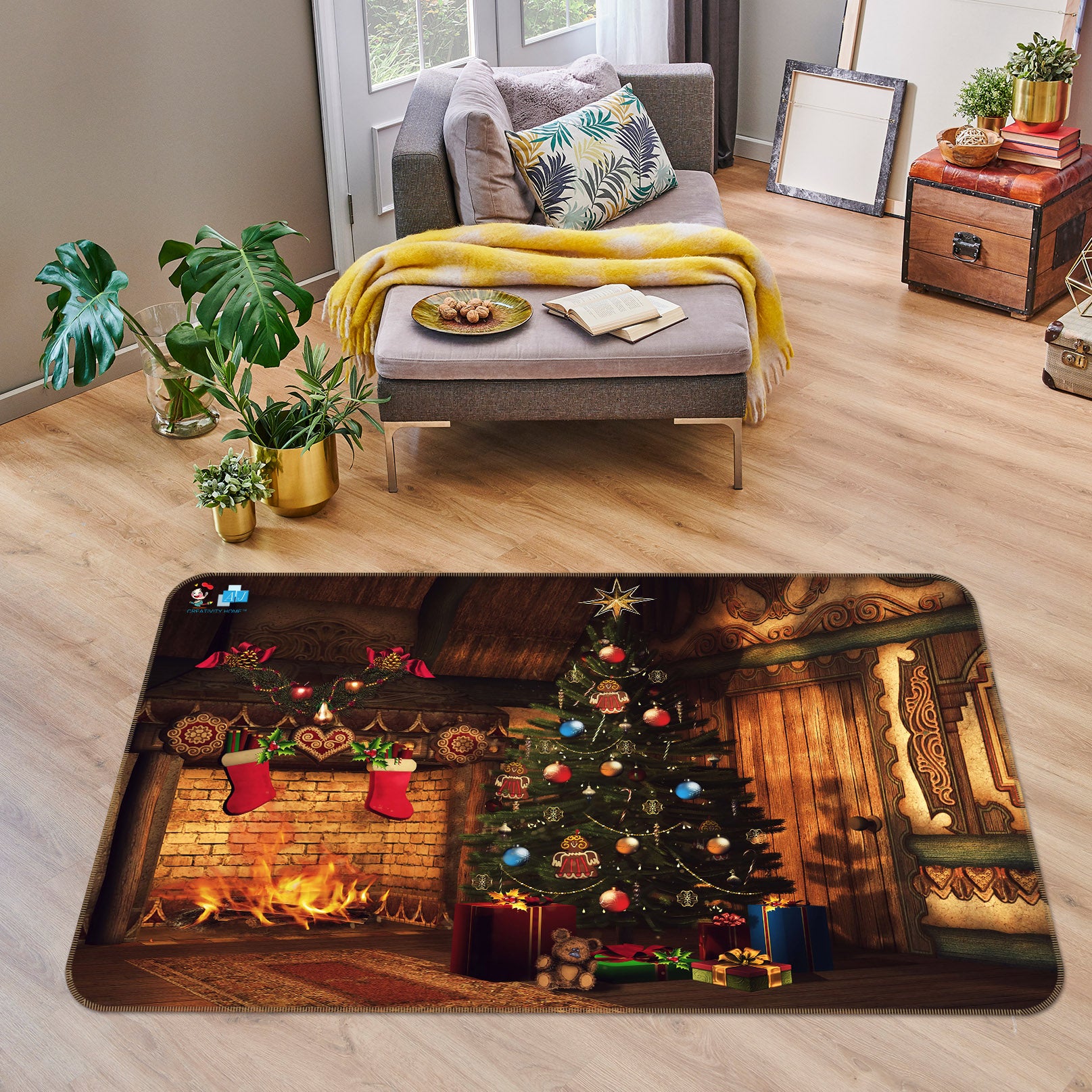3D Tree Fireplace 55067 Christmas Non Slip Rug Mat Xmas