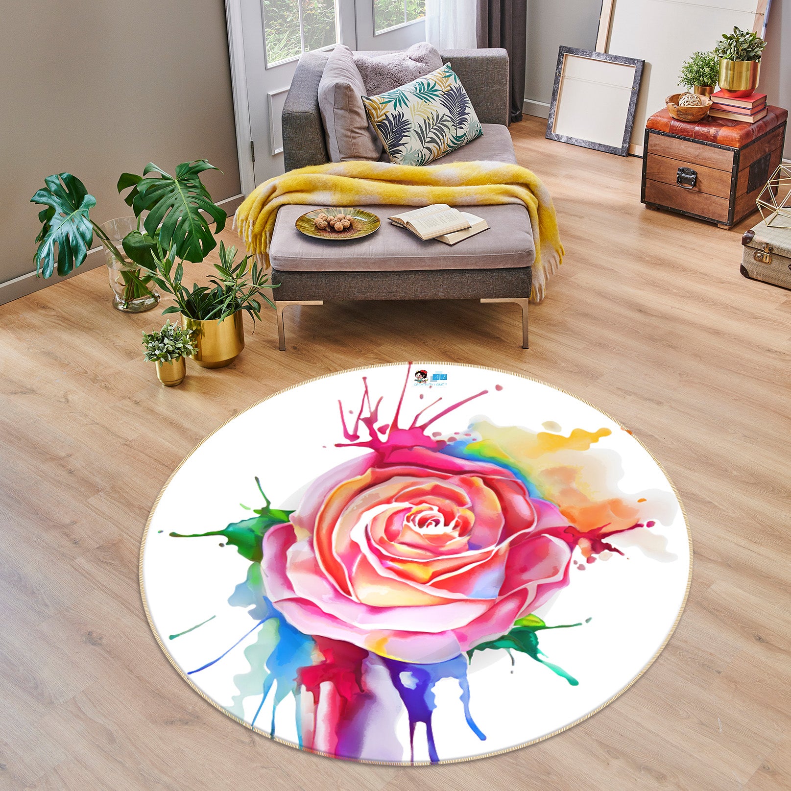 3D Colorful Watercolor Flowers 74225 Round Non Slip Rug Mat