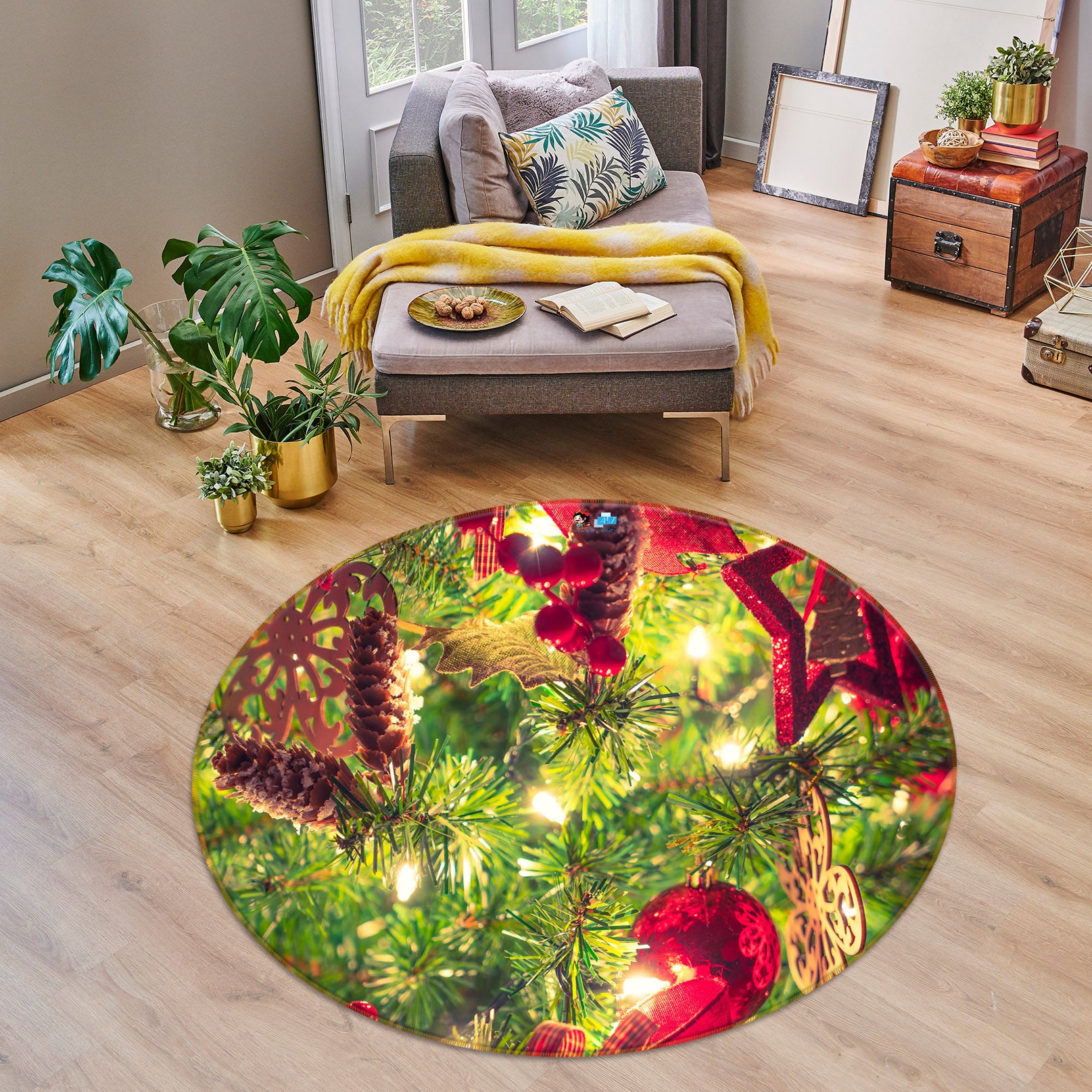 3D Branches Pineta 54109 Christmas Round Non Slip Rug Mat Xmas