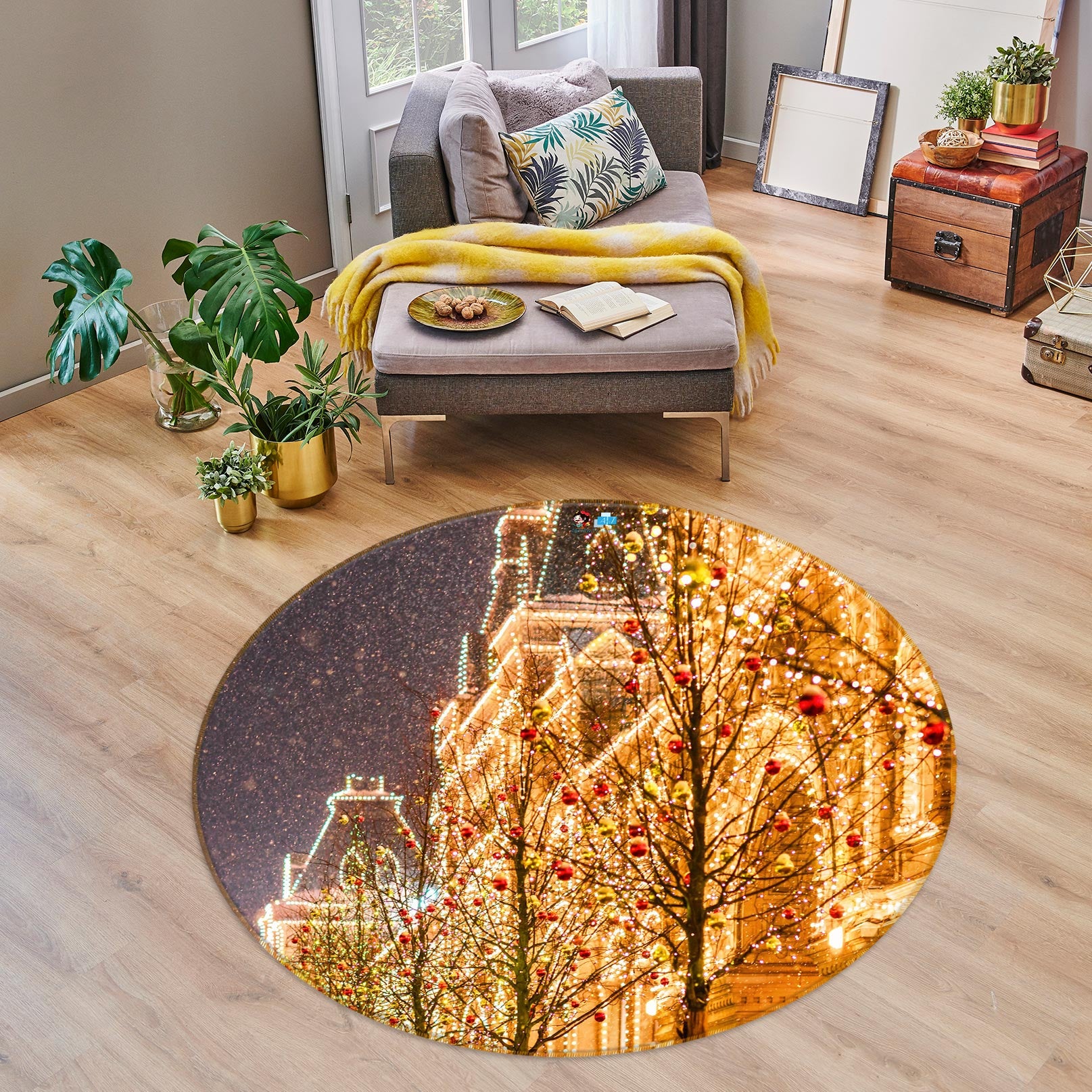 3D String Light Building 54082 Christmas Round Non Slip Rug Mat Xmas