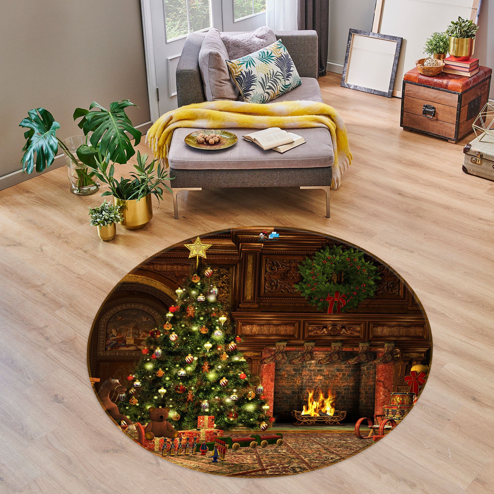 3D Tree Fire 54013 Christmas Round Non Slip Rug Mat Xmas