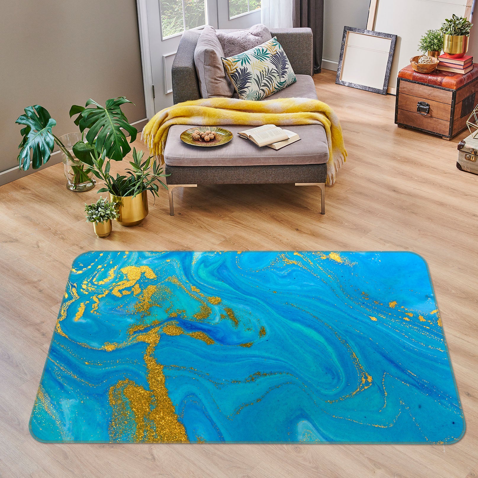 3D Blue Gold Pattern 29153 Non Slip Rug Mat