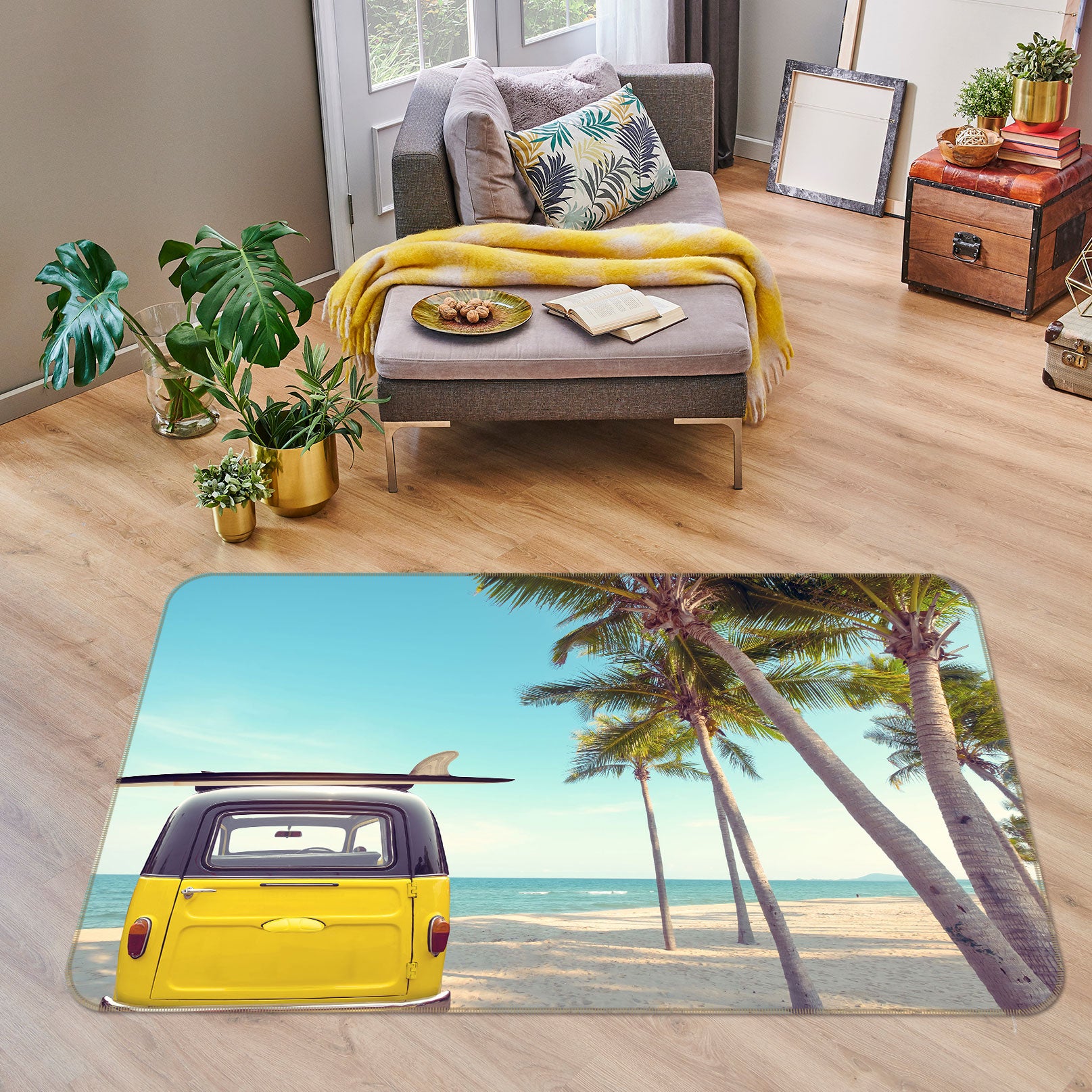3D Seaside Coconut Tree Yellow Car 68013 Vehicle Non Slip Rug Mat