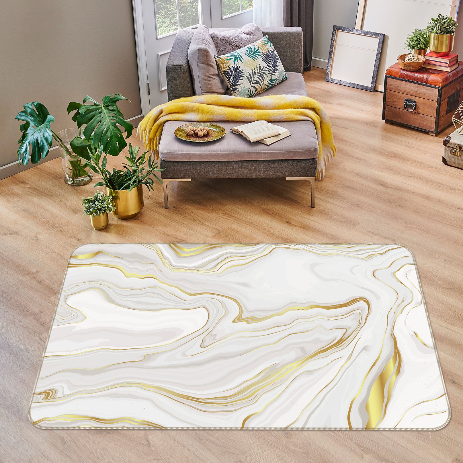 3D Gold White Pattern 25239 Non Slip Rug Mat
