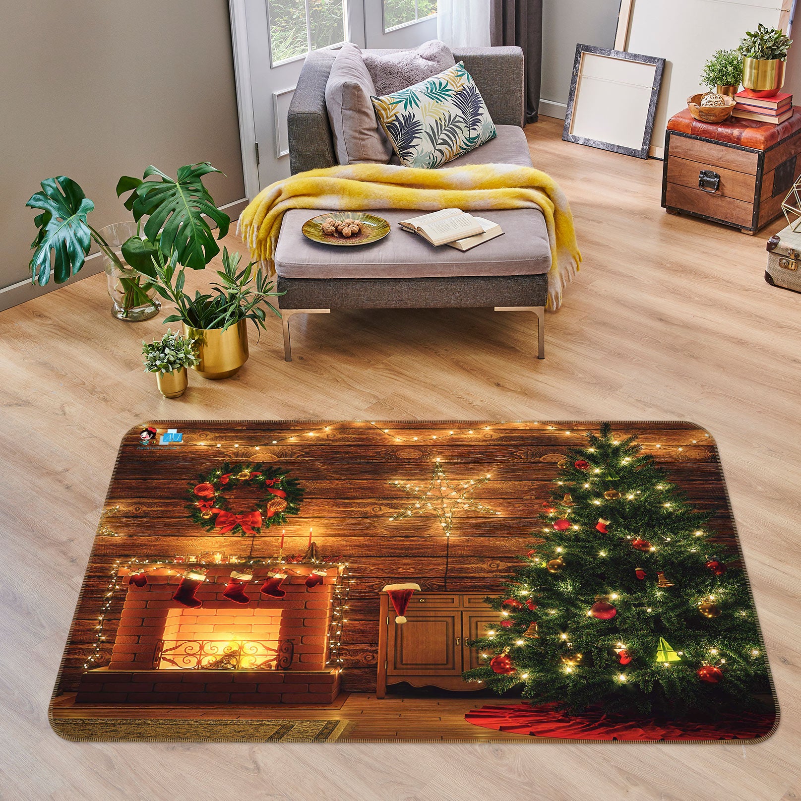 3D Fireplace Tree 55020 Christmas Non Slip Rug Mat Xmas