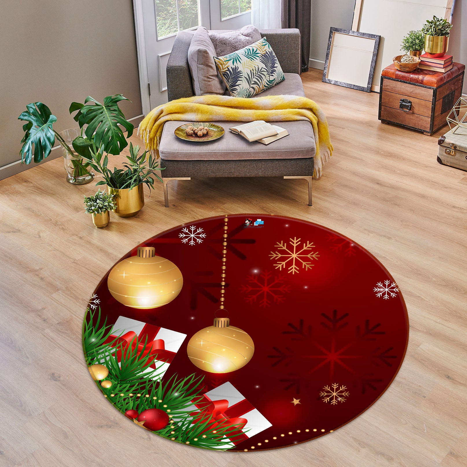 3D Golden Ball 75128 Round Non Slip Rug Mat