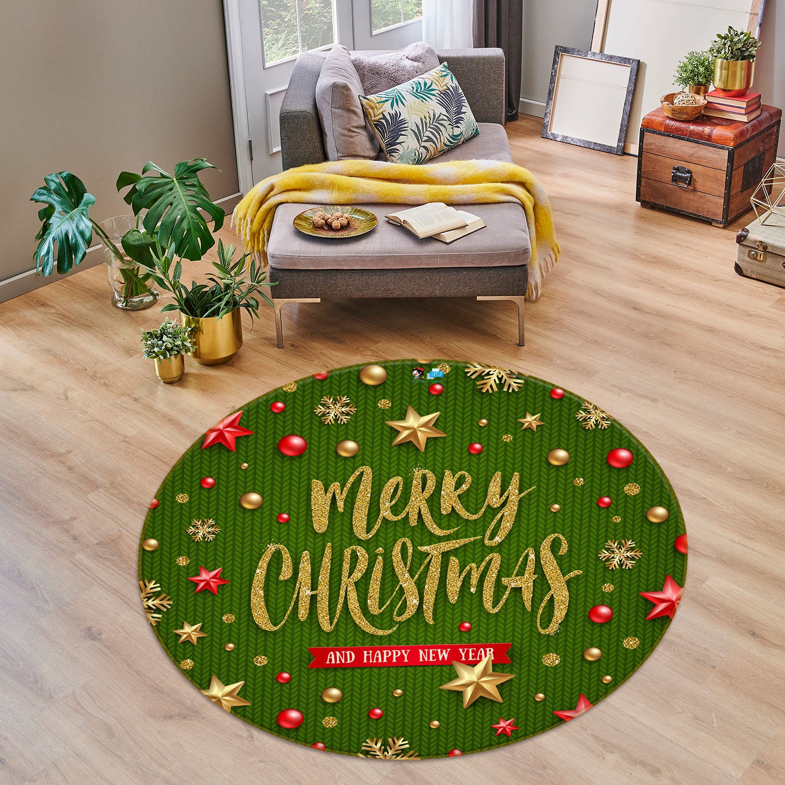 3D Green Yellow Star 54167 Christmas Round Non Slip Rug Mat Xmas