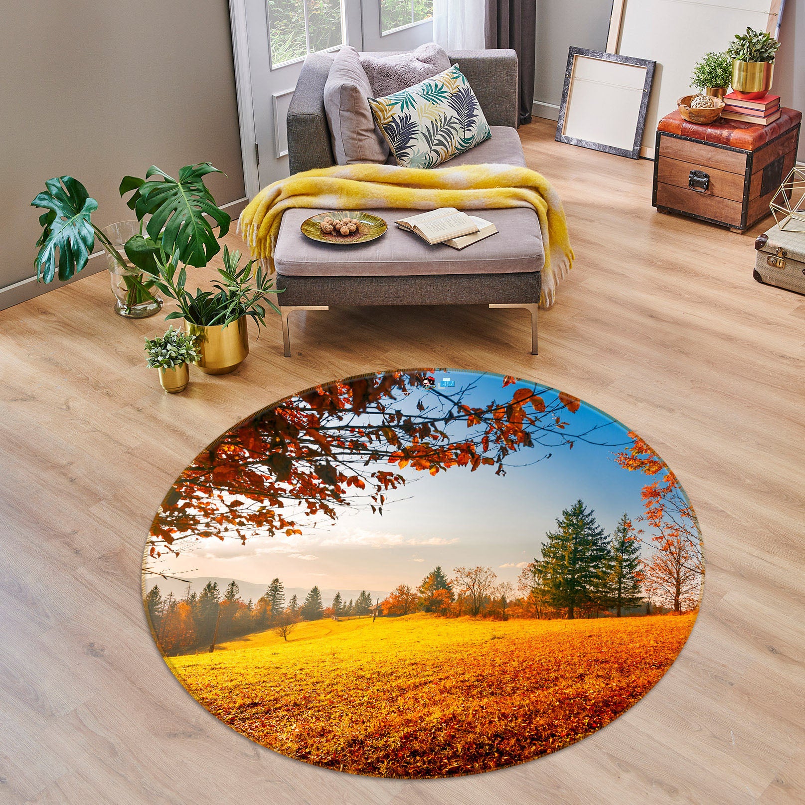 3D Yellow Lawn 75094 Round Non Slip Rug Mat