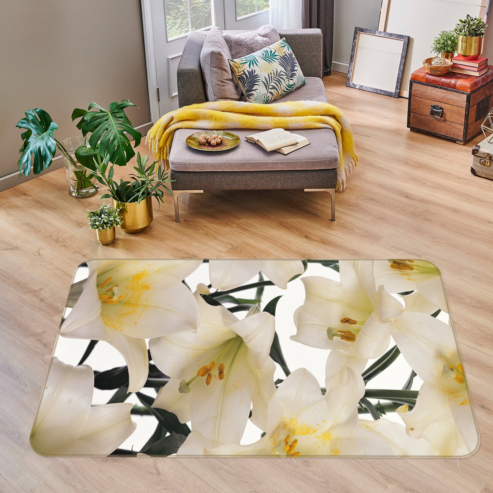 3D White Flowers 75266 Non Slip Rug Mat
