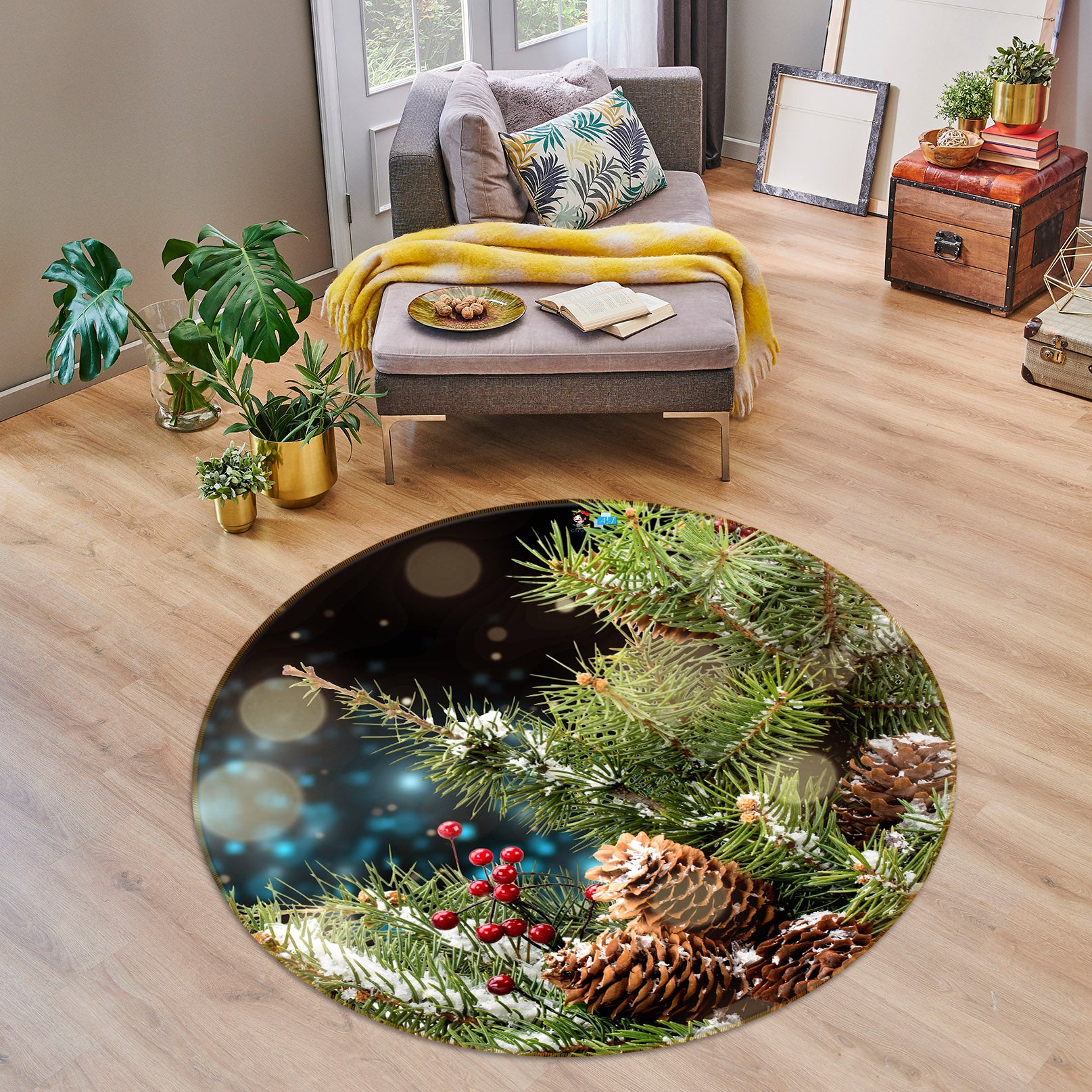 3D Branches Pineta 54196 Christmas Round Non Slip Rug Mat Xmas