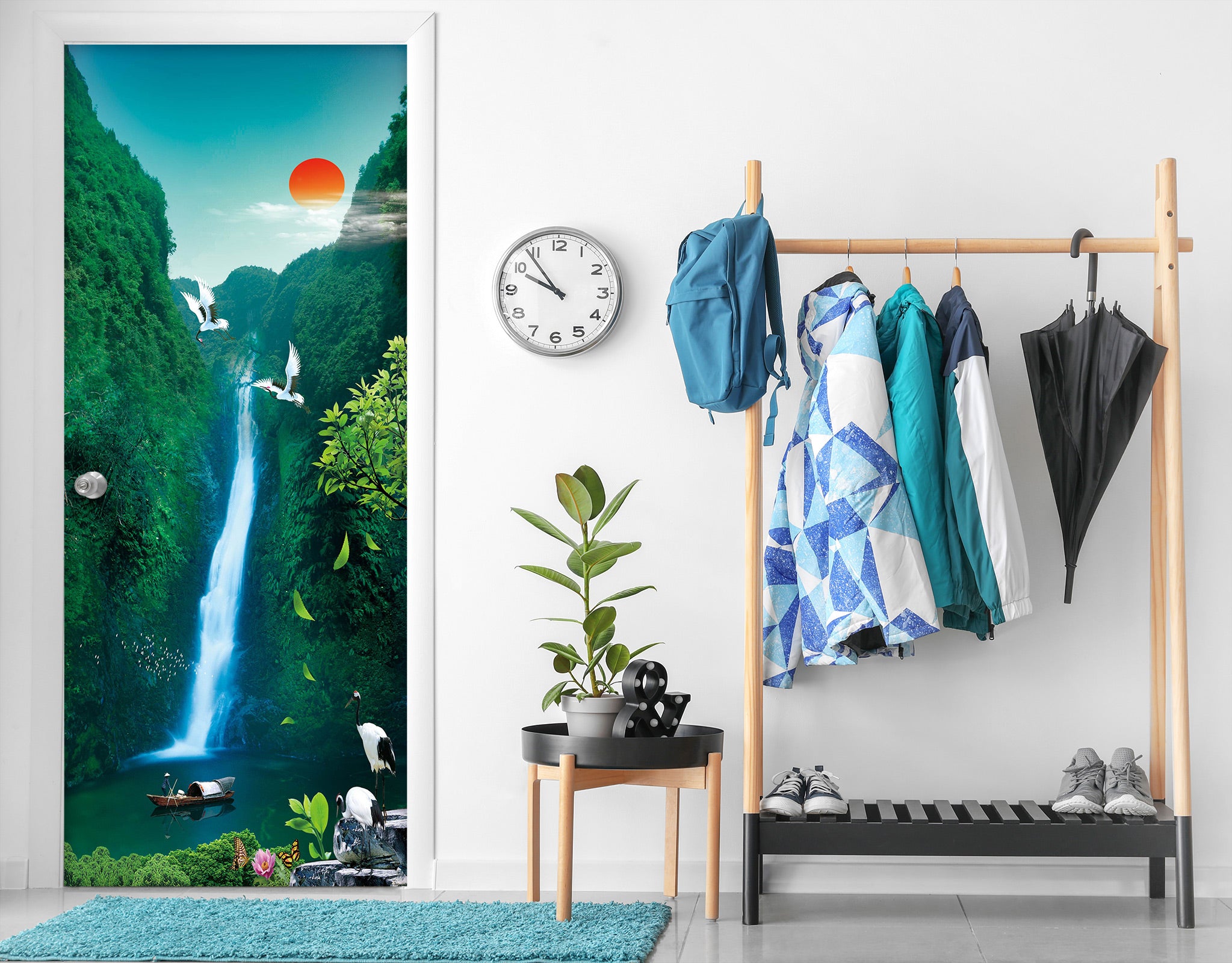3D Green Mountain Waterfall 23039 Door Mural