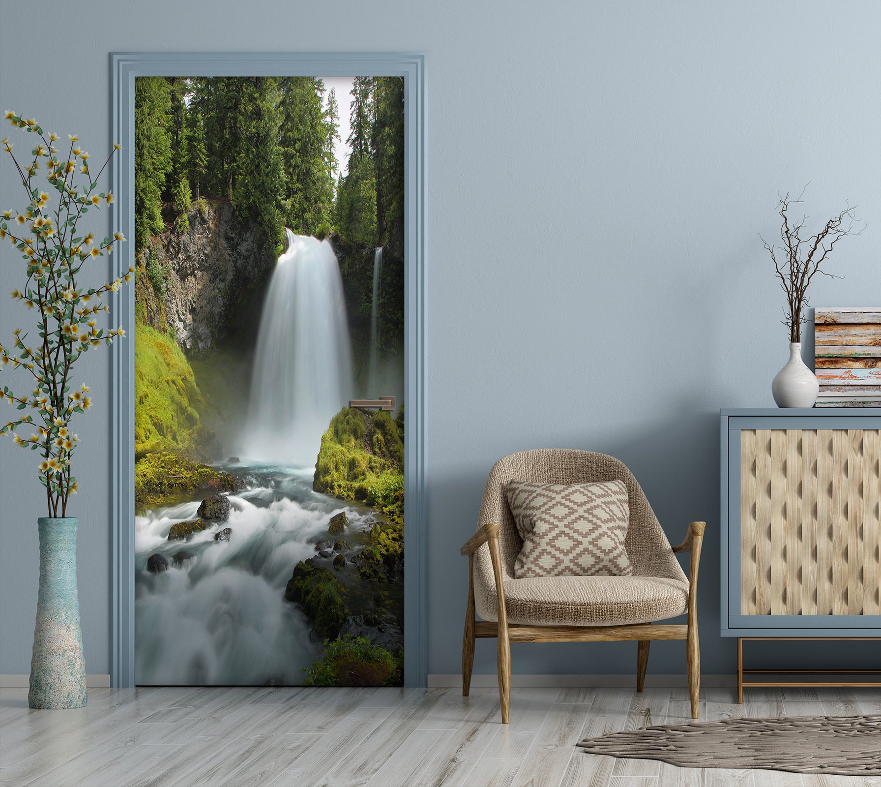 3D Forest Waterfall 003 Door Mural