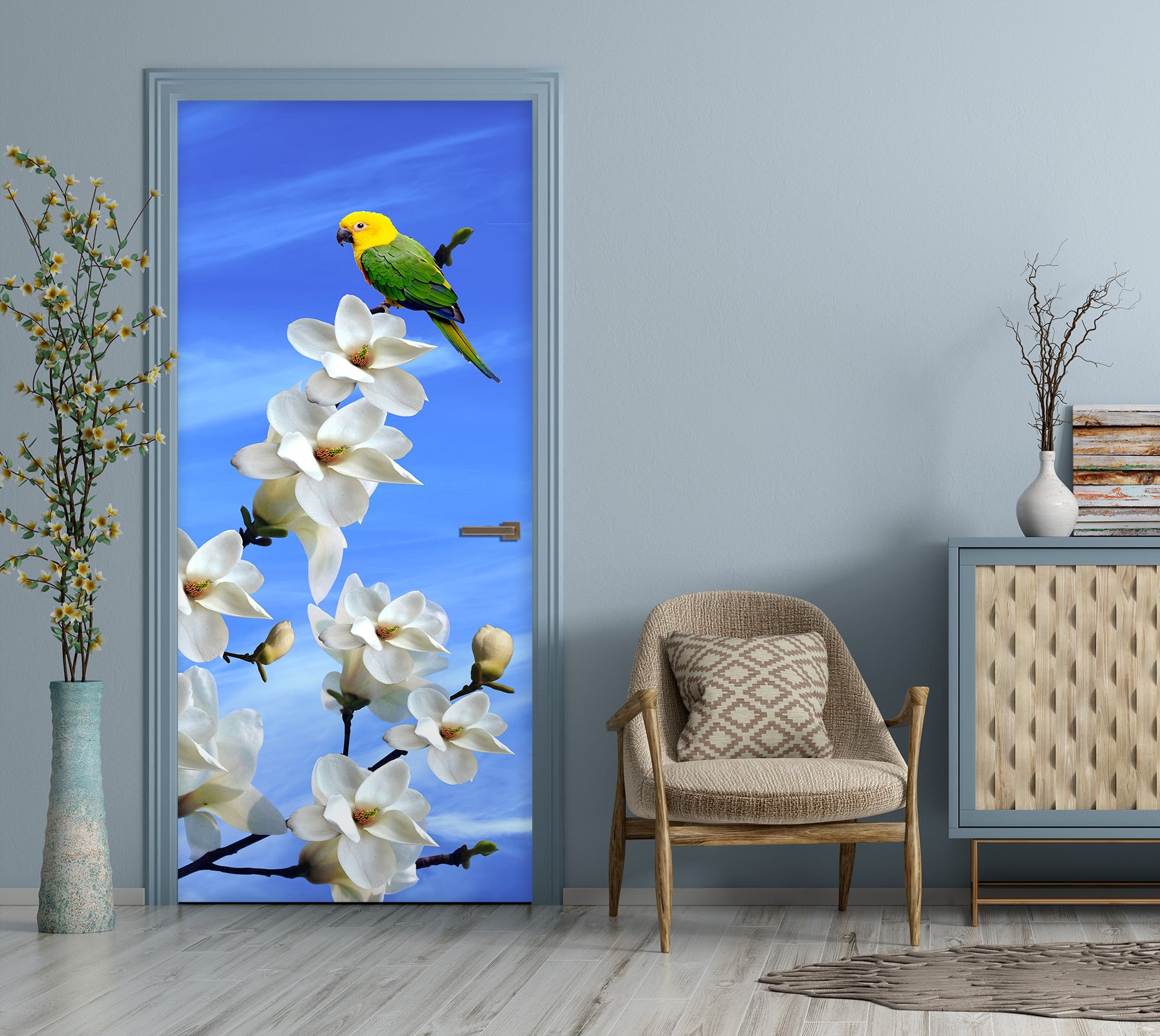 3D White Flower Bird 032 Door Mural