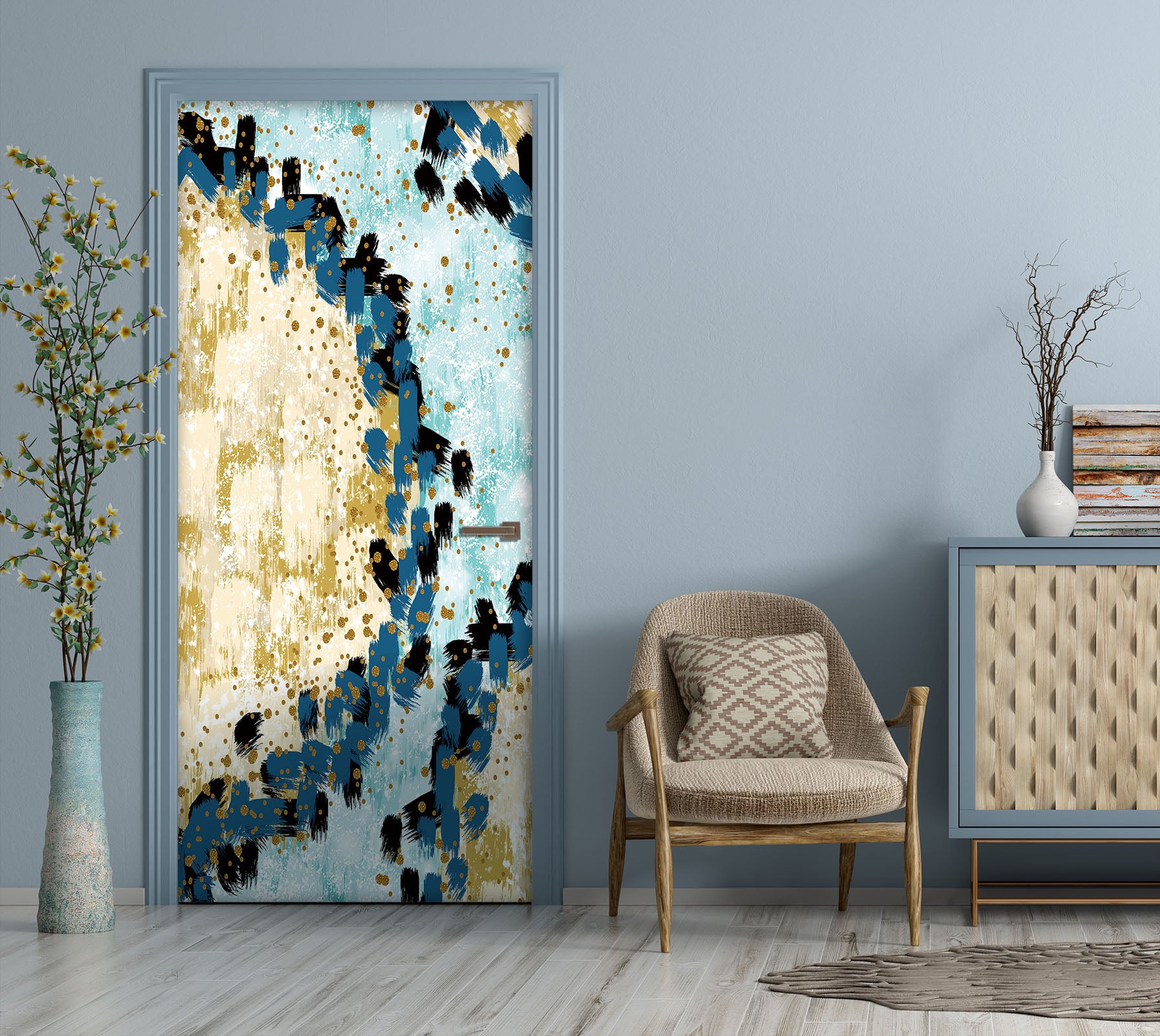 3D Blue Yellow Pattern 21215 Door Mural