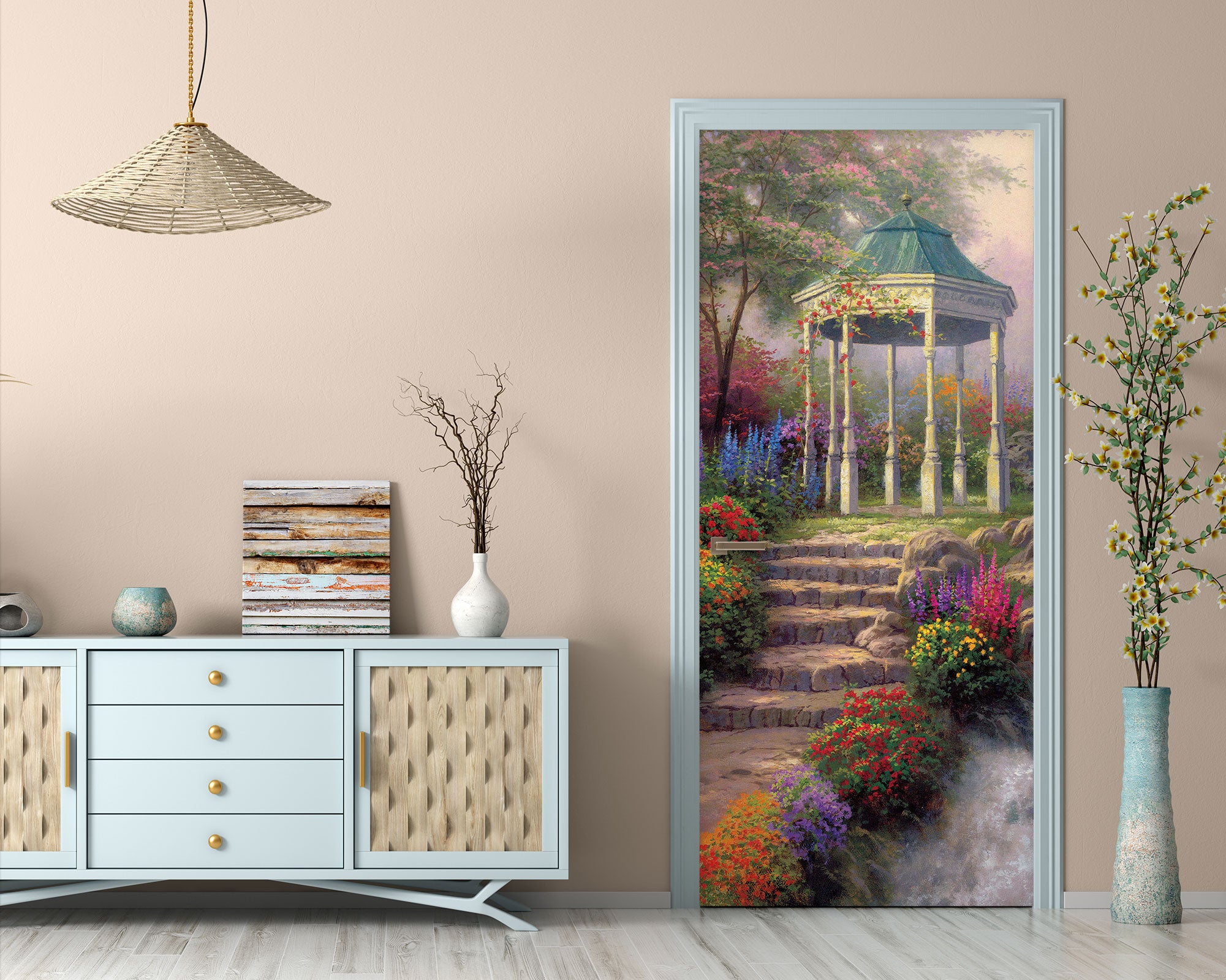 3D Pavilion Colored Flowers 039 Door Mural