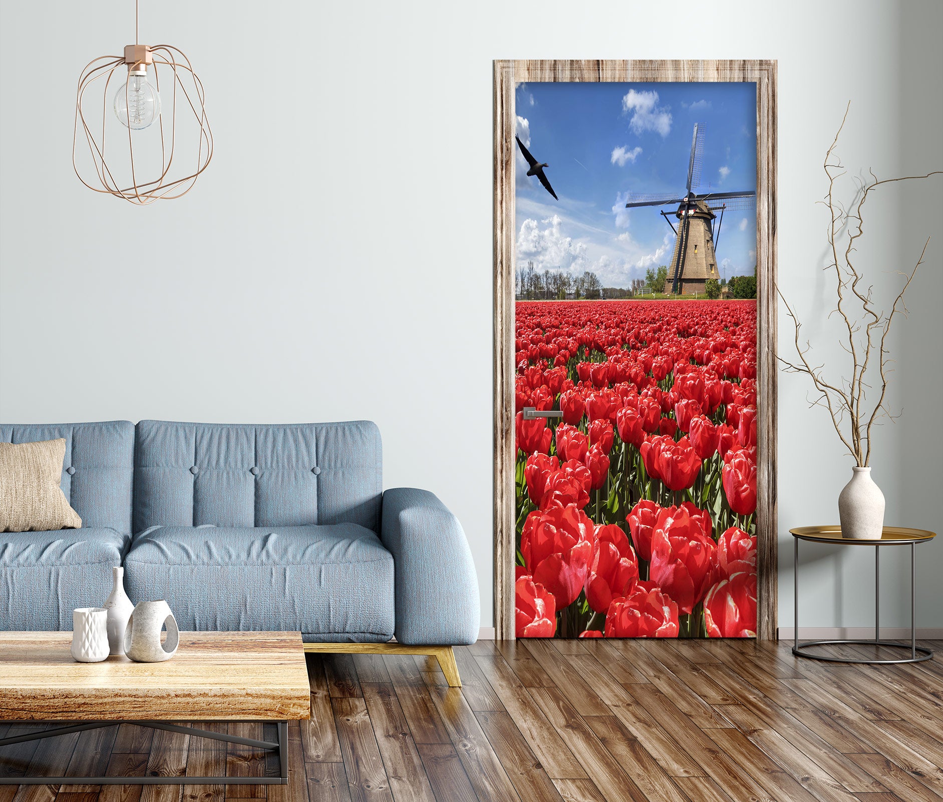 3D Red Flowers Windmill 23218 Door Mural