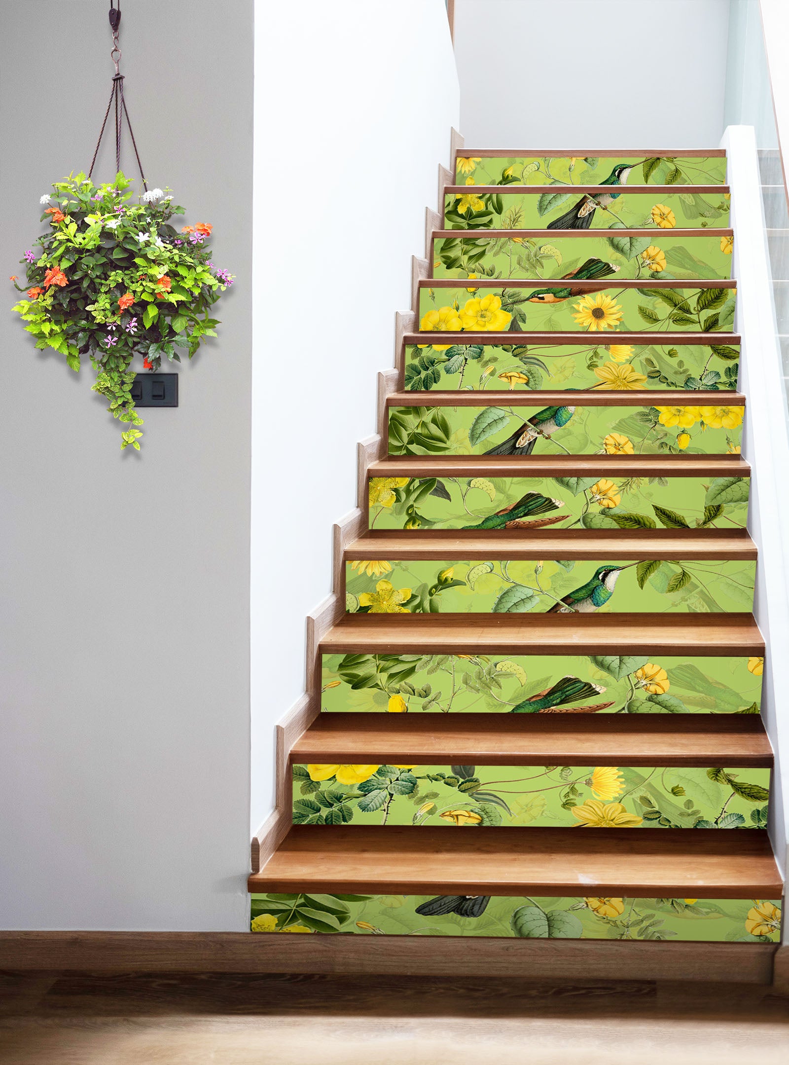 3D Green Leaves Bird Yellow Flowers 10412 Uta Naumann Stair Risers