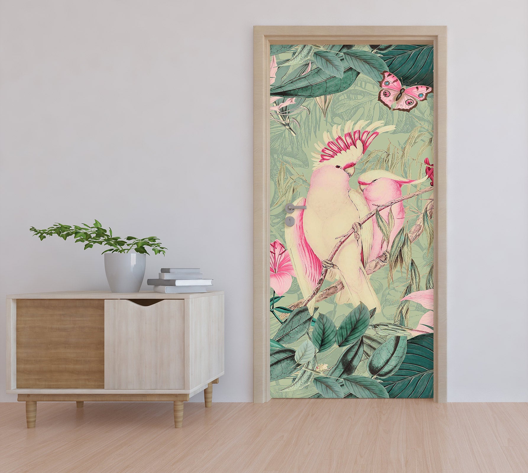 3D Pink Parrot Butterfly Leaves 118105 Andrea Haase Door Mural