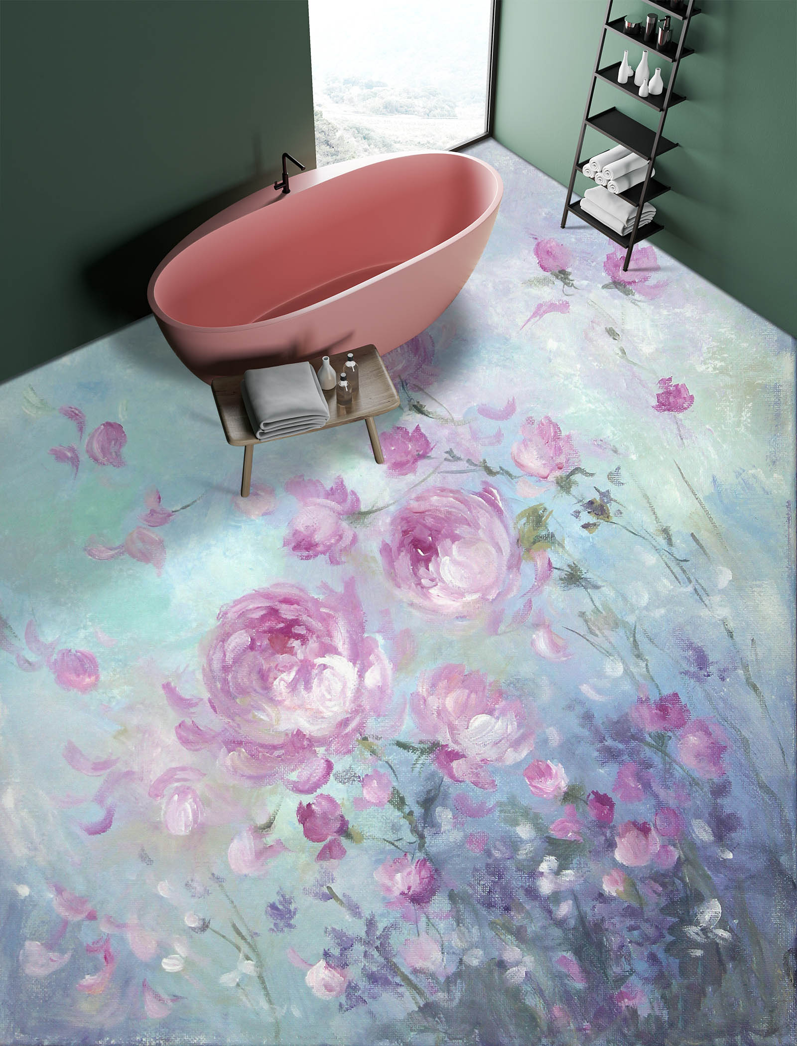 3D Pink Rose Bush 9945 Debi Coules Floor Mural