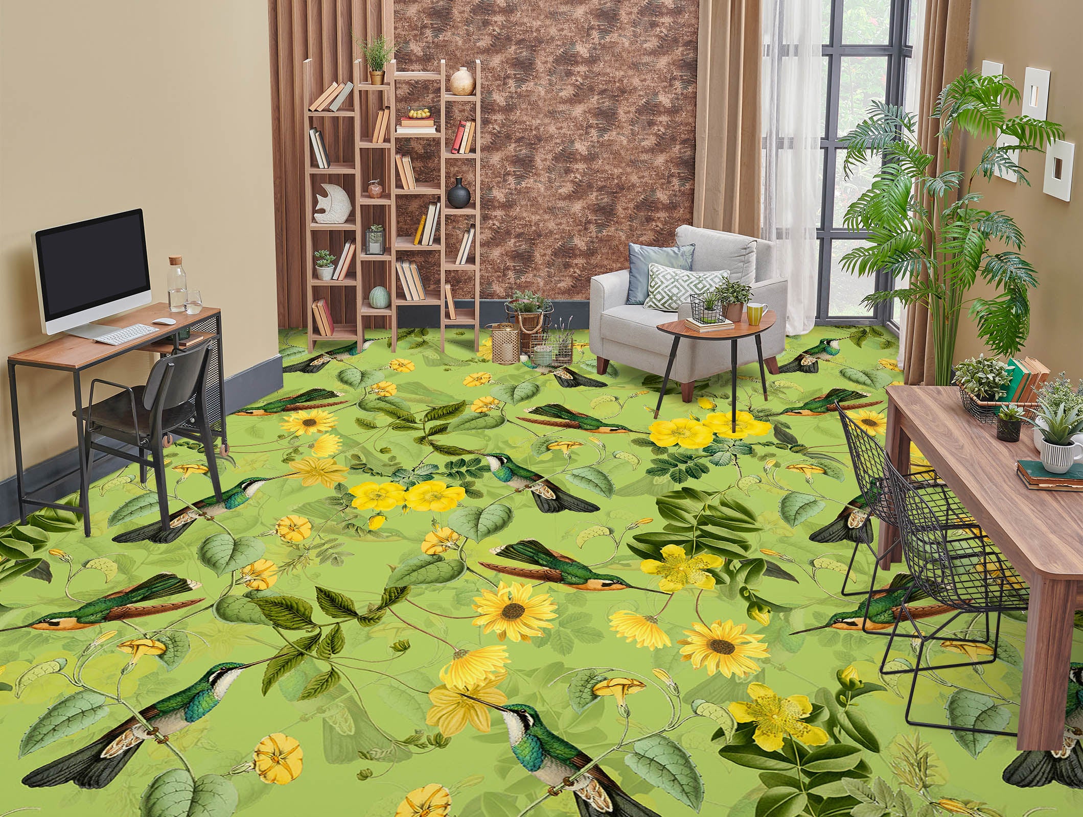 3D Green Pattern Bird Leaves 99220 Uta Naumann Floor Mural