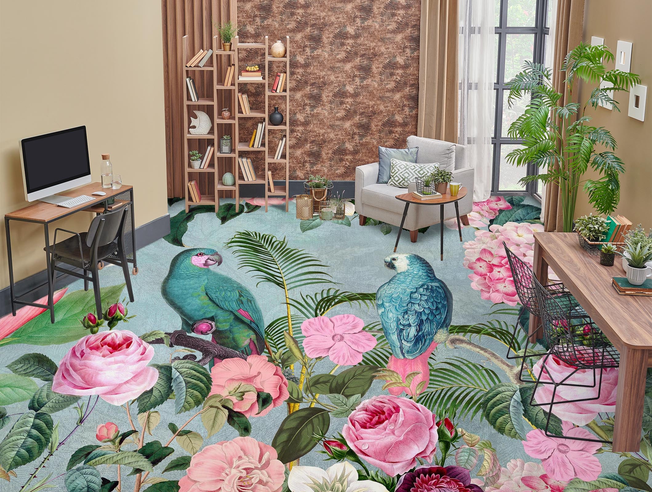 3D Flower Bush Parrot 104157 Andrea Haase Floor Mural