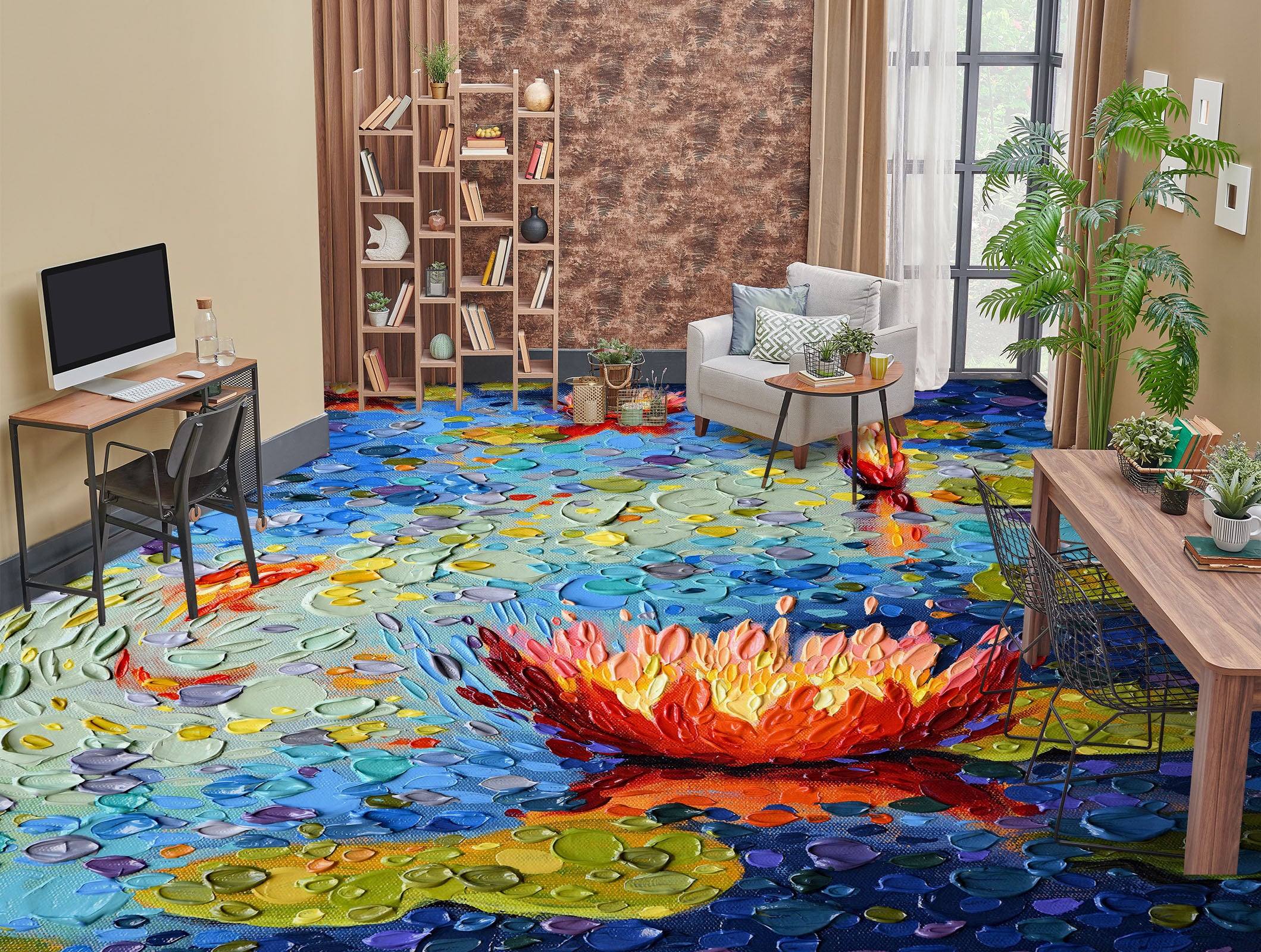 3D Red Lotus Pond 102159 Dena Tollefson Floor Mural