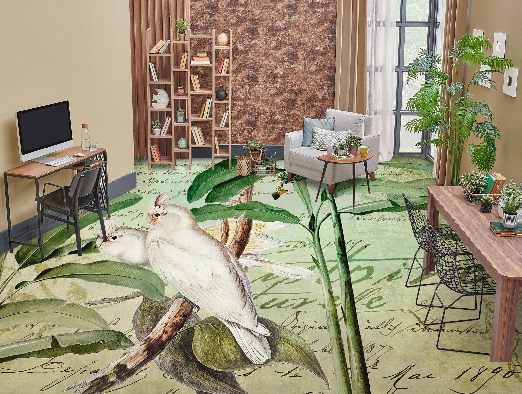 3D White Parrot Leaves 104160 Andrea Haase Floor Mural