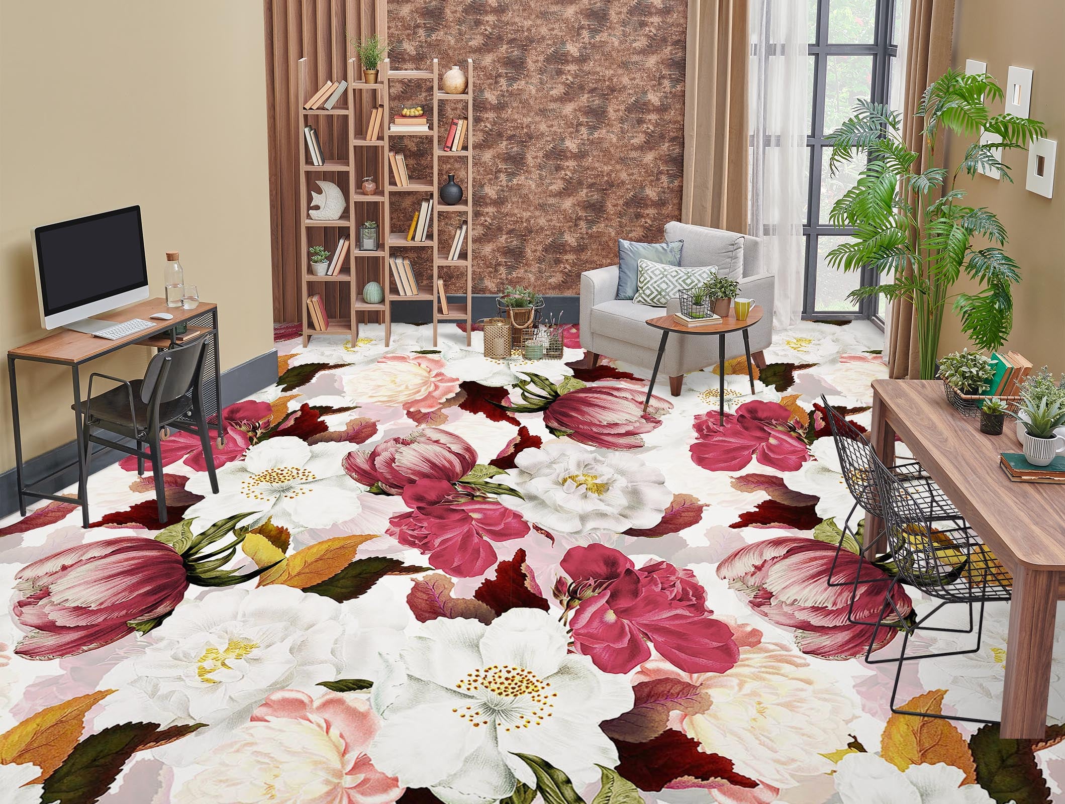 3D Pink White Flower Pattern 10014 Uta Naumann Floor Mural