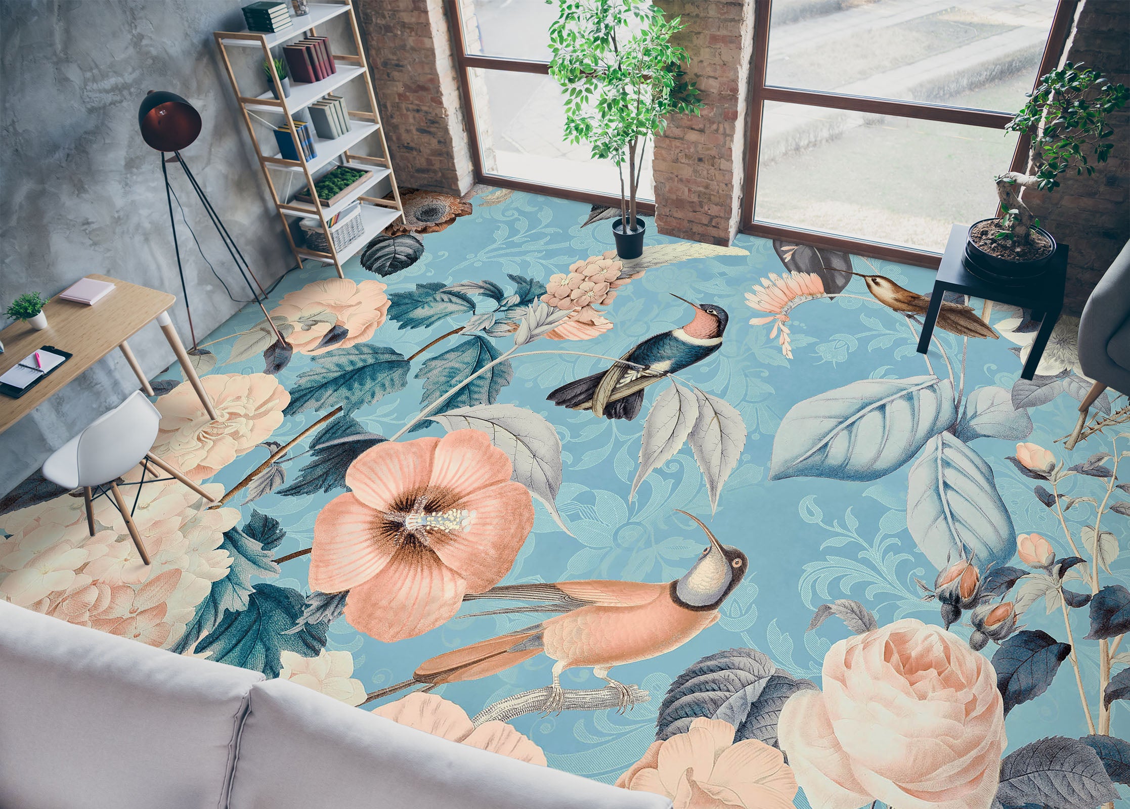 3D Flower Bird Blue 104152 Andrea Haase Floor Mural