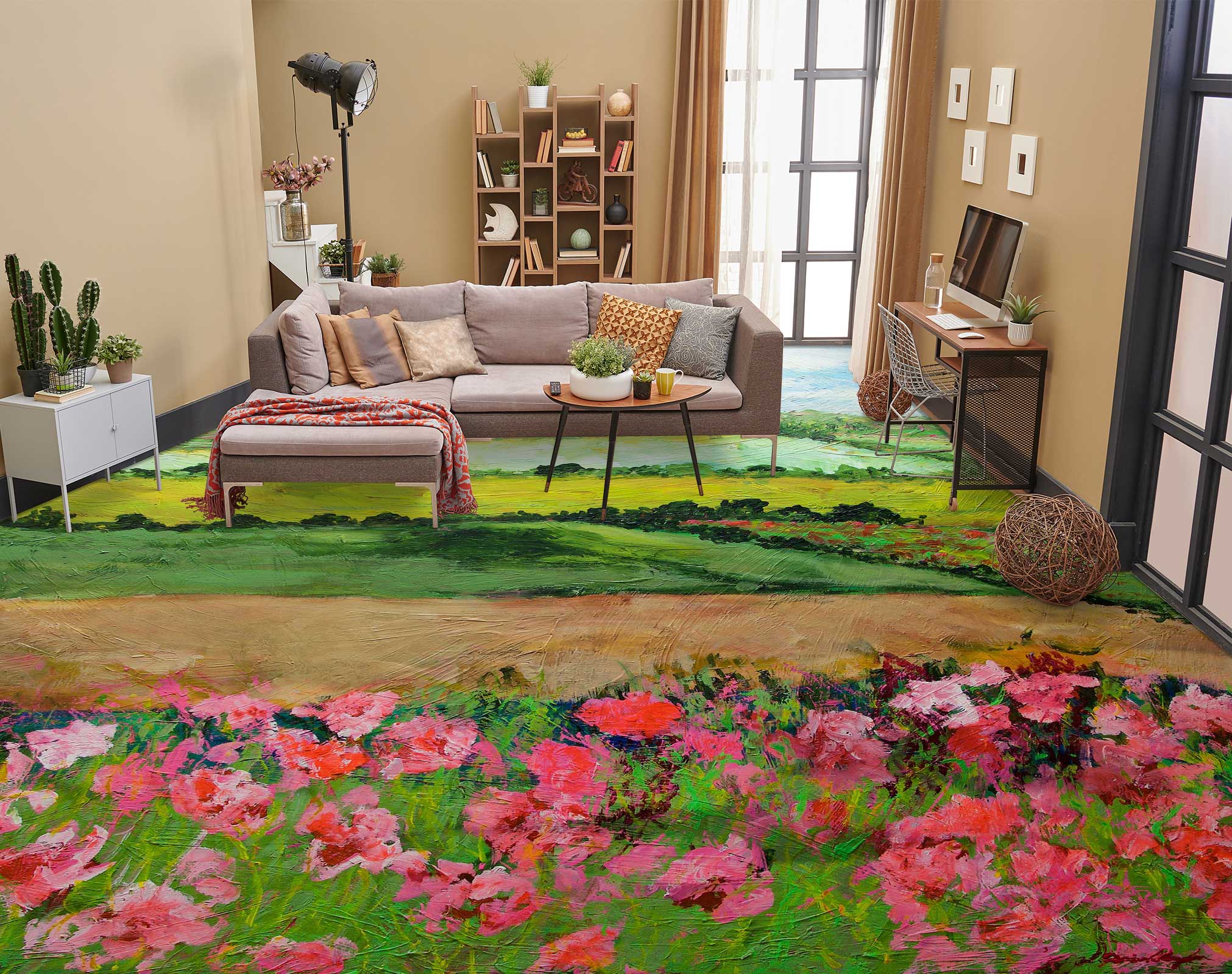 3D Grassland Pink Flowers 9646 Allan P. Friedlander Floor Mural