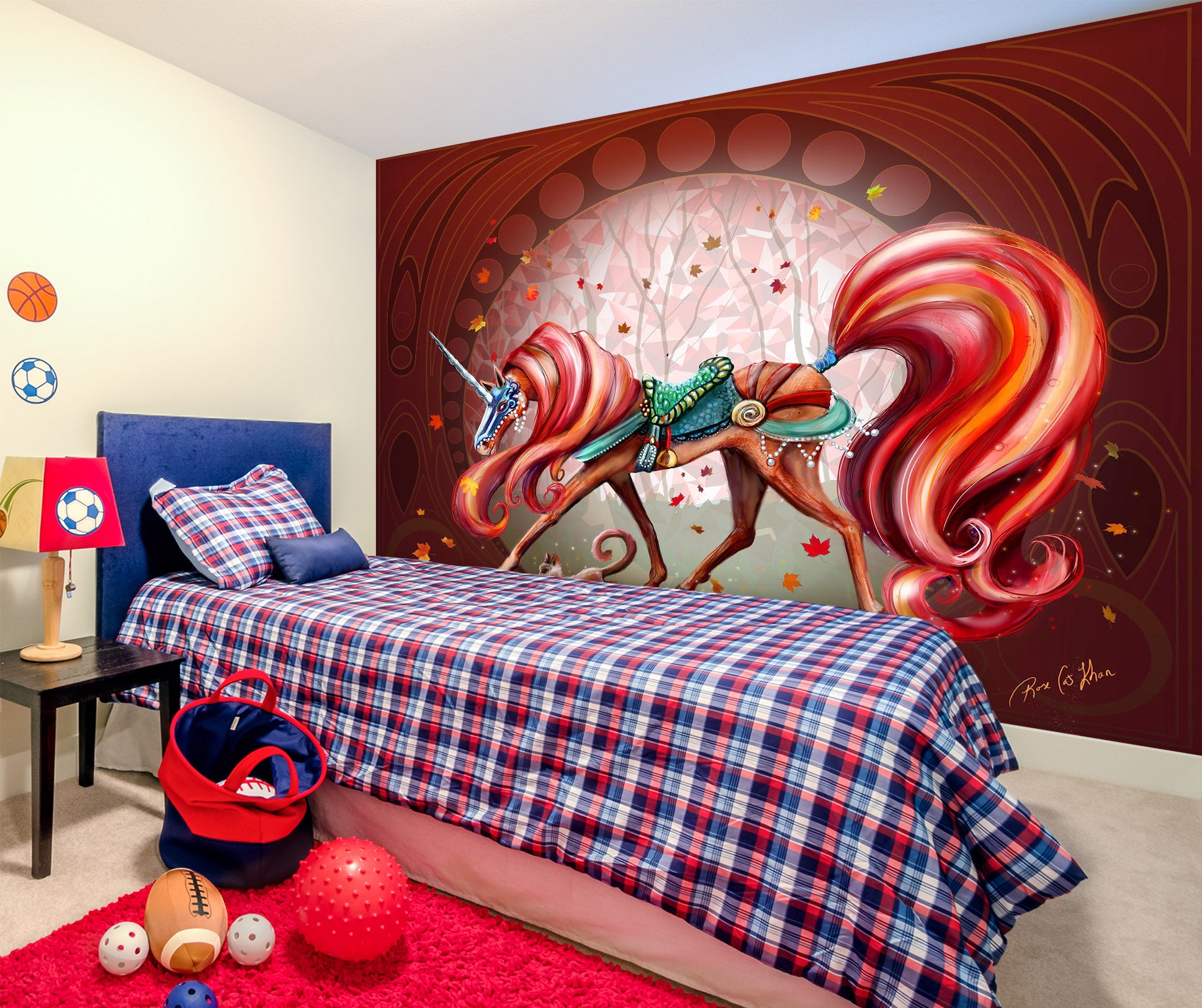 3D Red Unicorn 101 Rose Catherine Khan Wall Mural Wall Murals