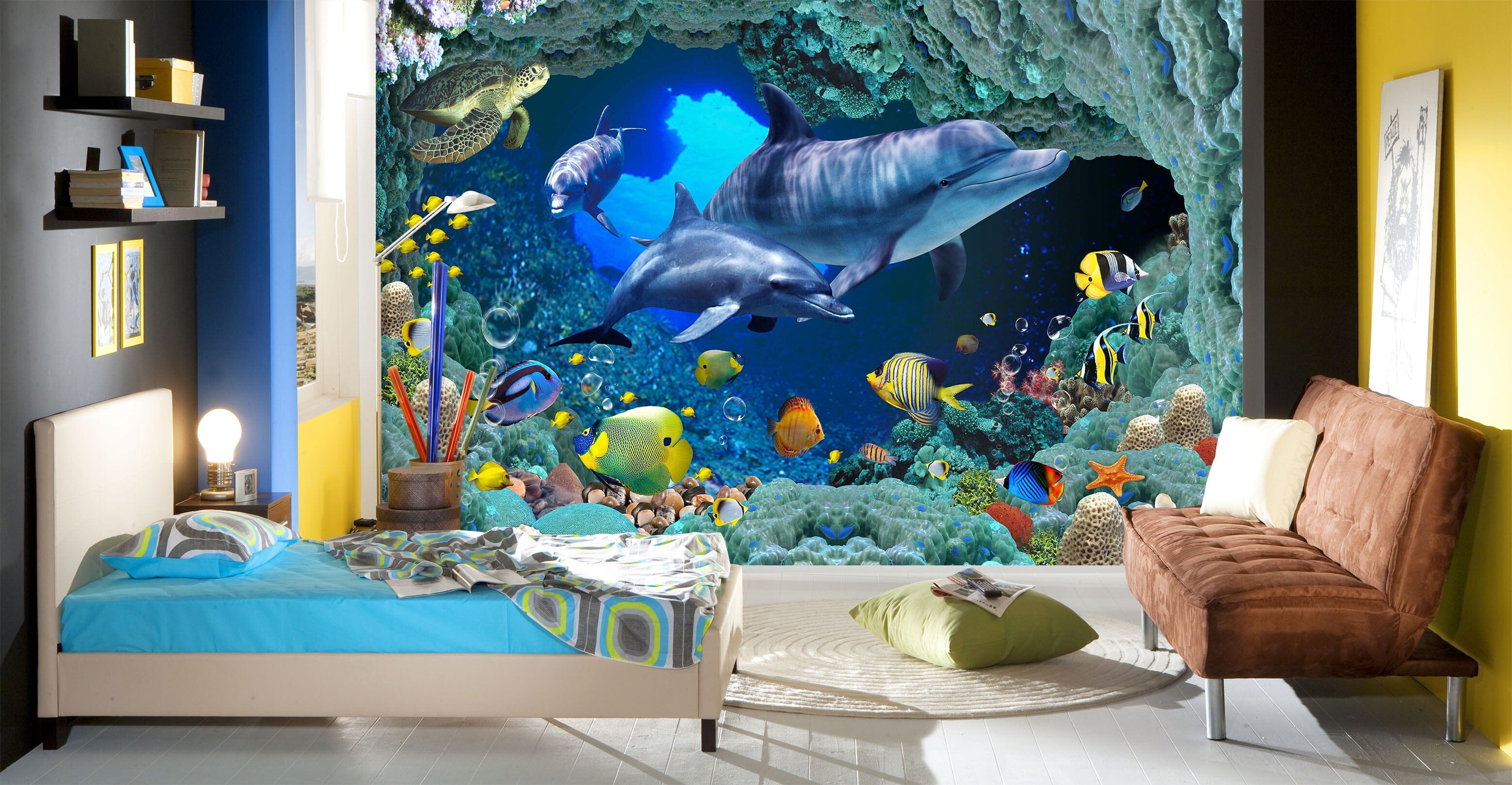 3D Dolphin Swimming 1636 Wall Murals Wallpaper AJ Wallpaper 2 