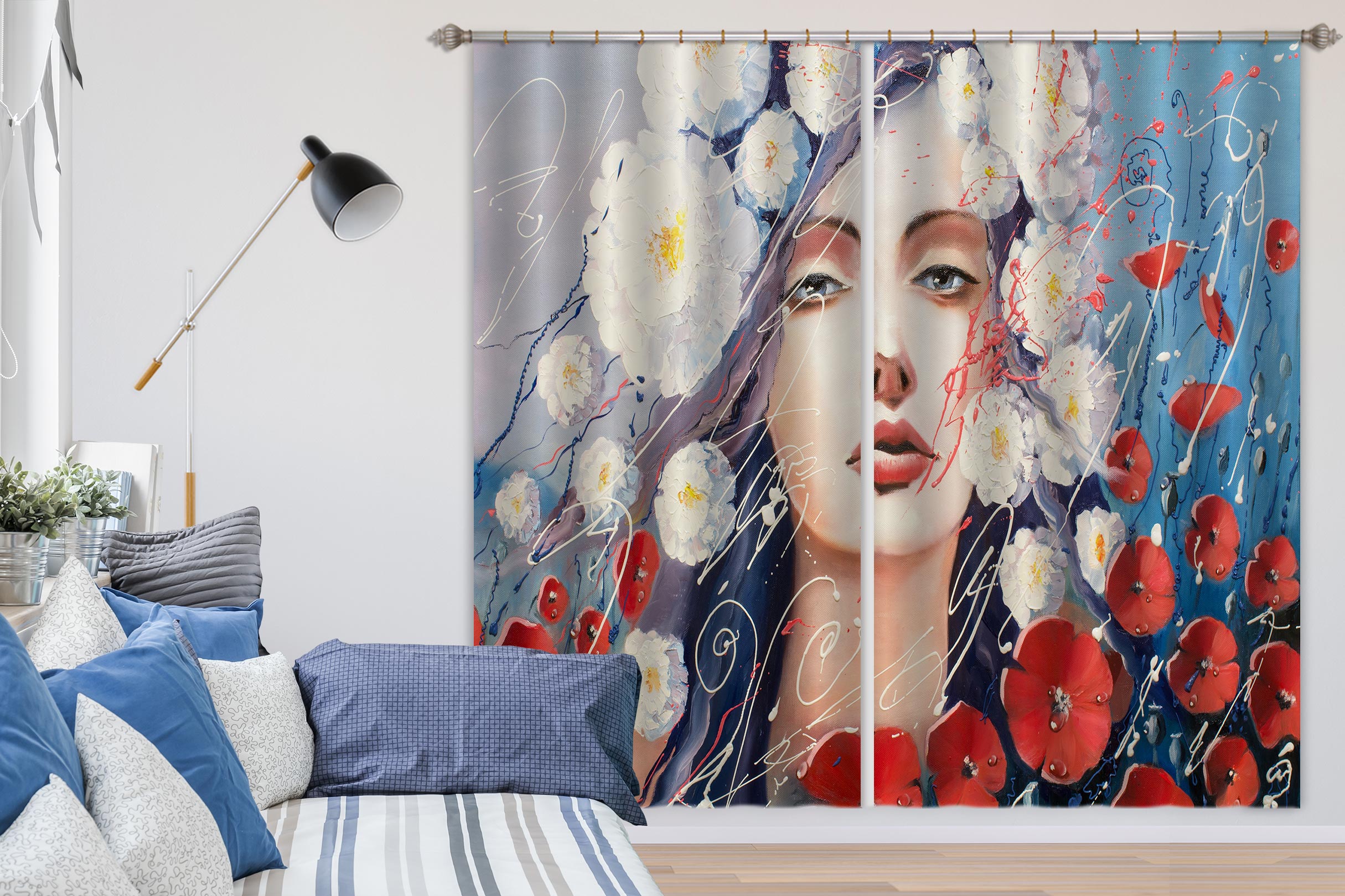 3D White Flower Girl 024 Curtains Drapes