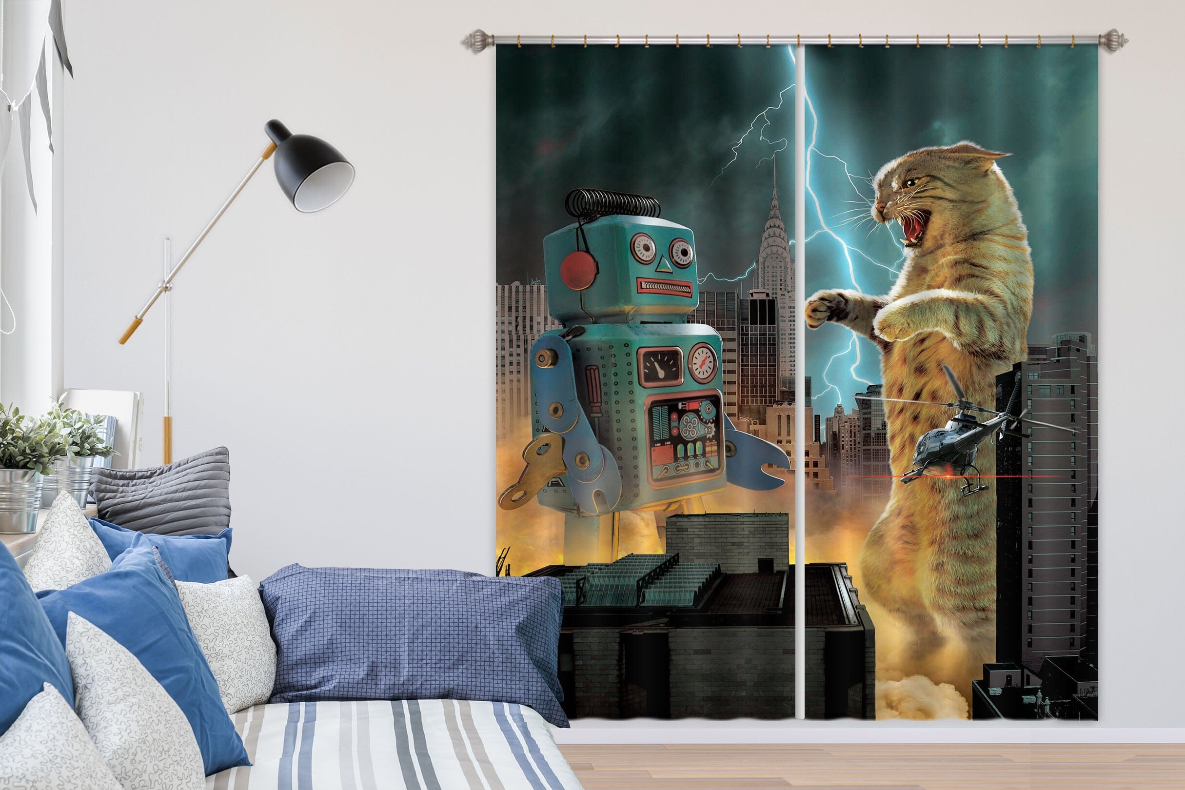 3D Catzilla Vs Robot Def 020 Vincent Hie Curtain Curtains Drapes Curtains AJ Creativity Home 