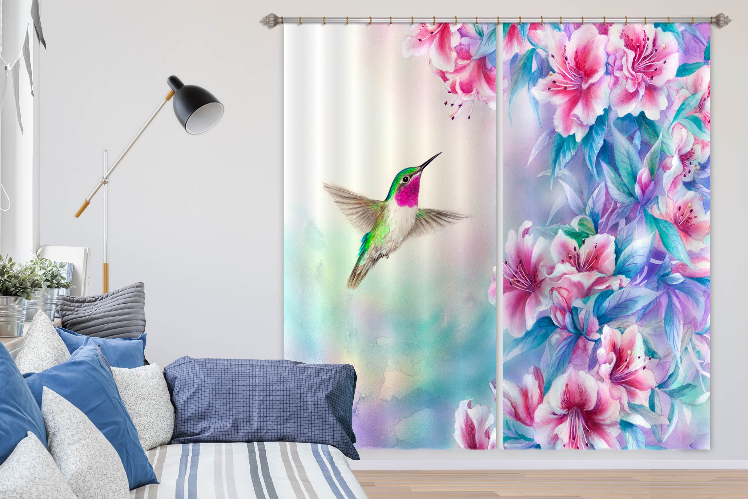 3D Pink Flower Bird 9061 Kayomi Harai Curtain Curtains Drapes
