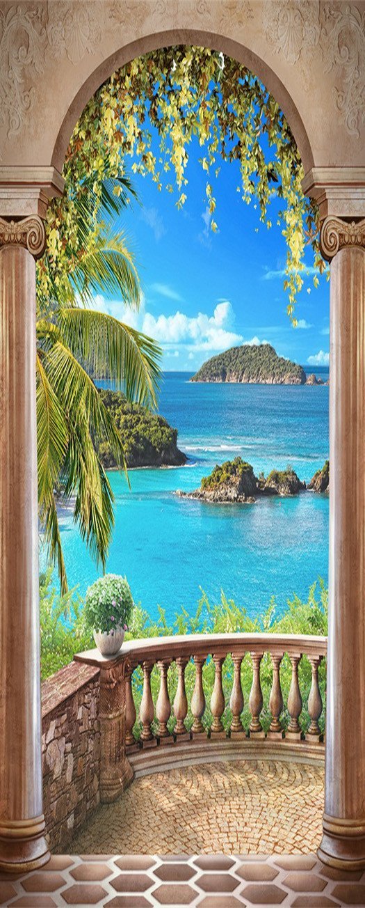 3D pavilion palm tree The sea door mural Wallpaper AJ Wallpaper 