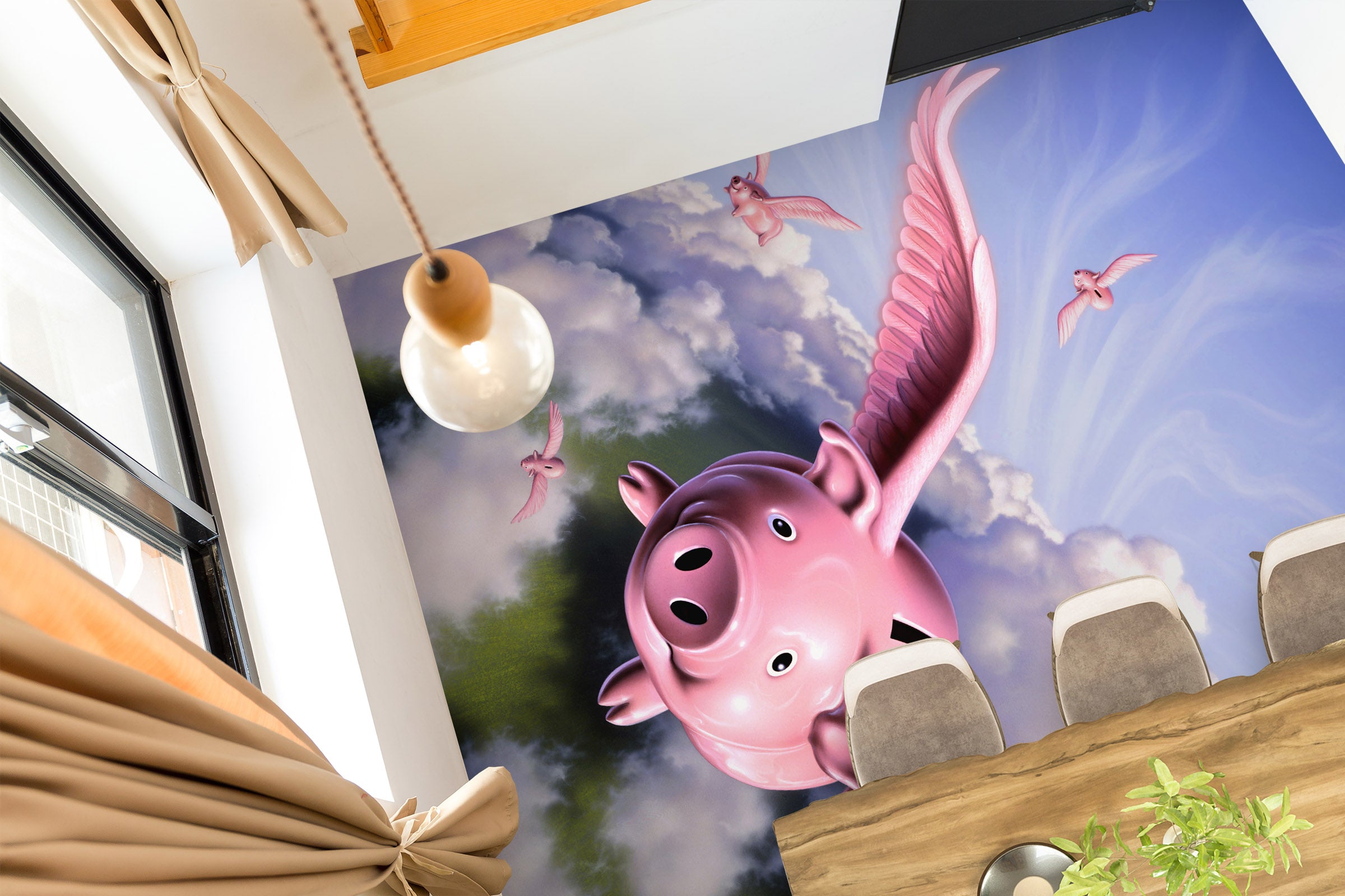 3D Sky Cloud Pink Flying Pig 96224 Jerry LoFaro Floor Mural