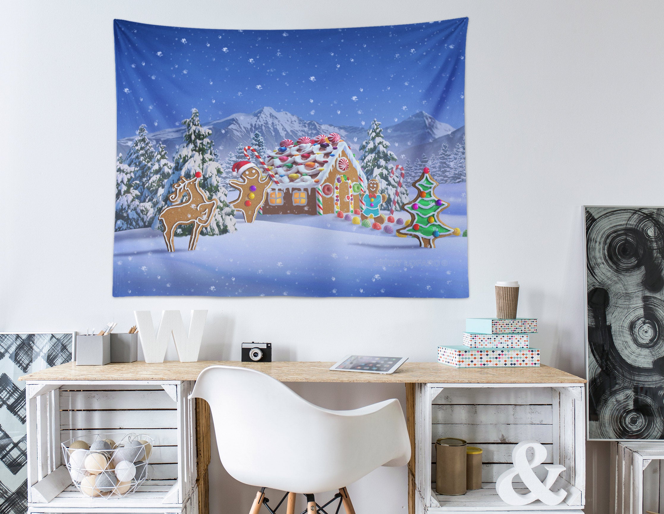 3D Snow Cabin Christmas Tree 111130 Jerry LoFaro Tapestry Hanging Cloth Hang