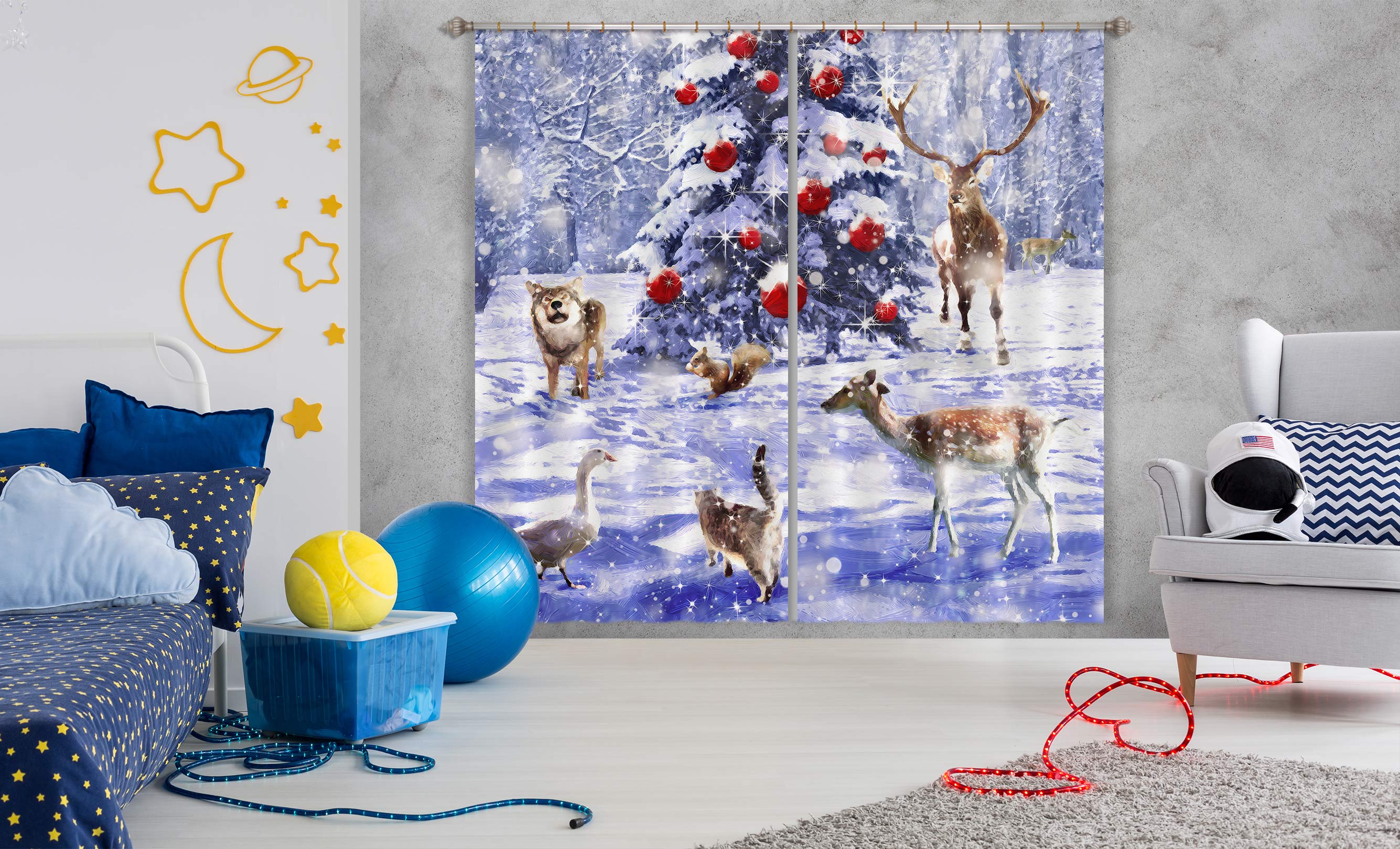 3D Snow Tree Deer 52027 Christmas Curtains Drapes Xmas