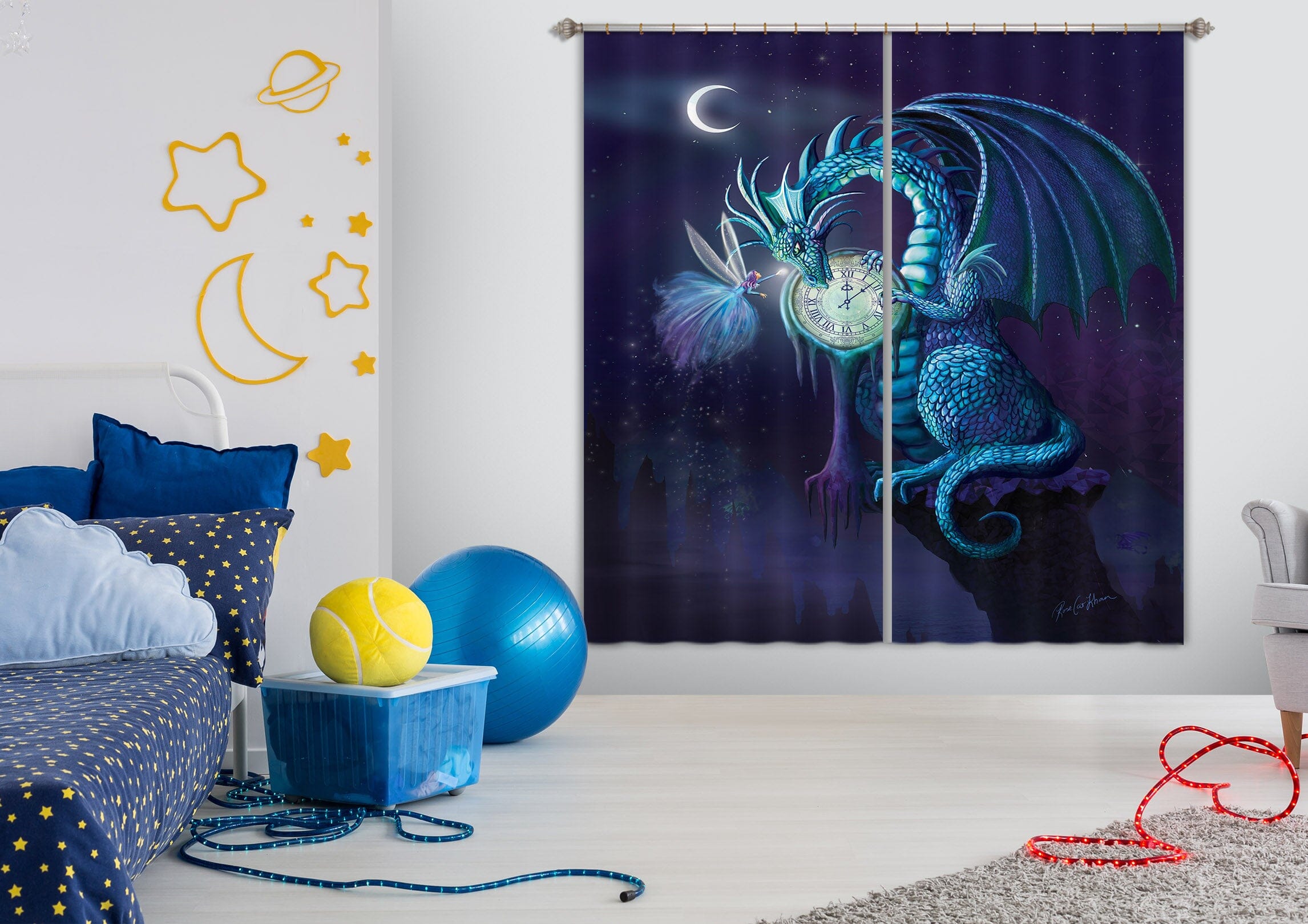 3D Dragon Clock 124 Rose Catherine Khan Curtain Curtains Drapes Curtains AJ Creativity Home 